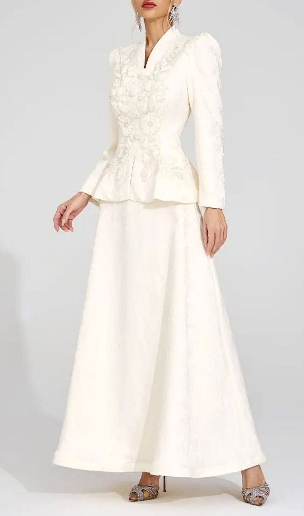 Sabrina Floral Embroidered Coat Maxi Skirt Set – Apricot - OWNCI