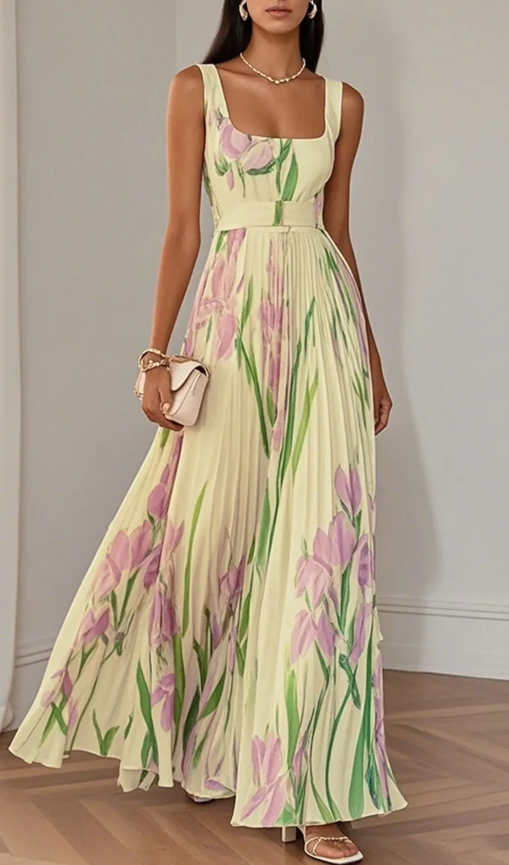 d3a385fcca2cc696ade1528e485edb37.webp Fashionslee Women White Pleated Floral Chiffon Square Neck Sleeveless A-Line Maxi Dress