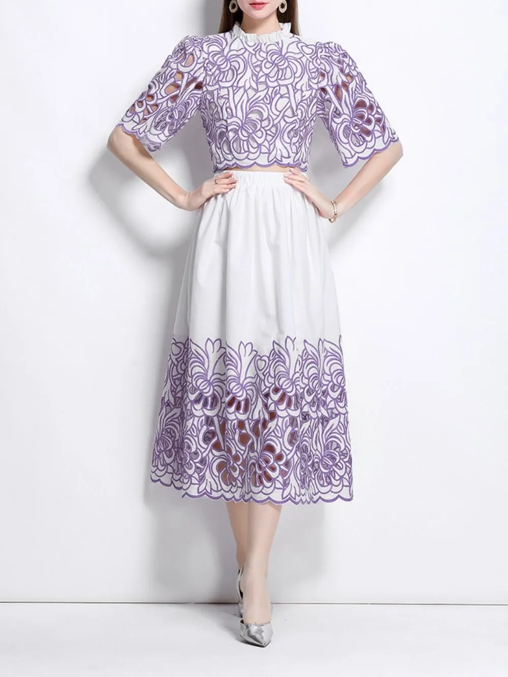 Mahira Purple Flower Embroidery Two-Piece Set - OWNCI