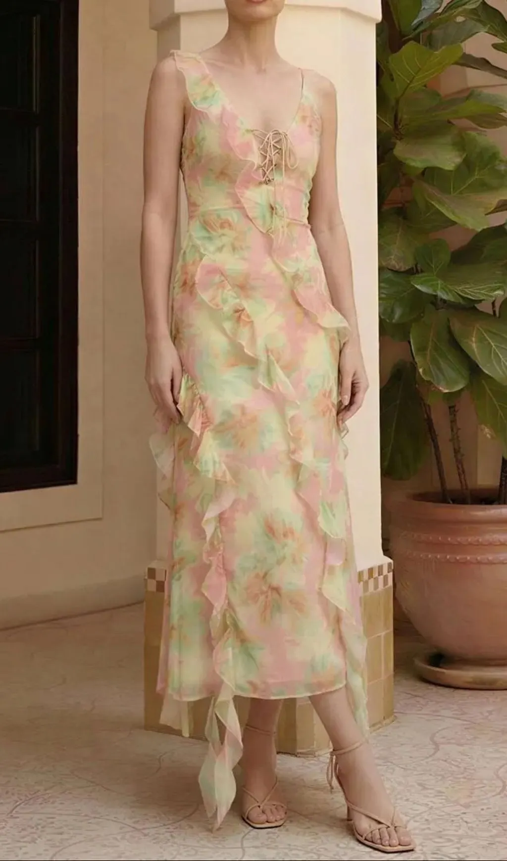 Jessie Tie Dye V-Neck Ruffle Tie-Up Midi Dress