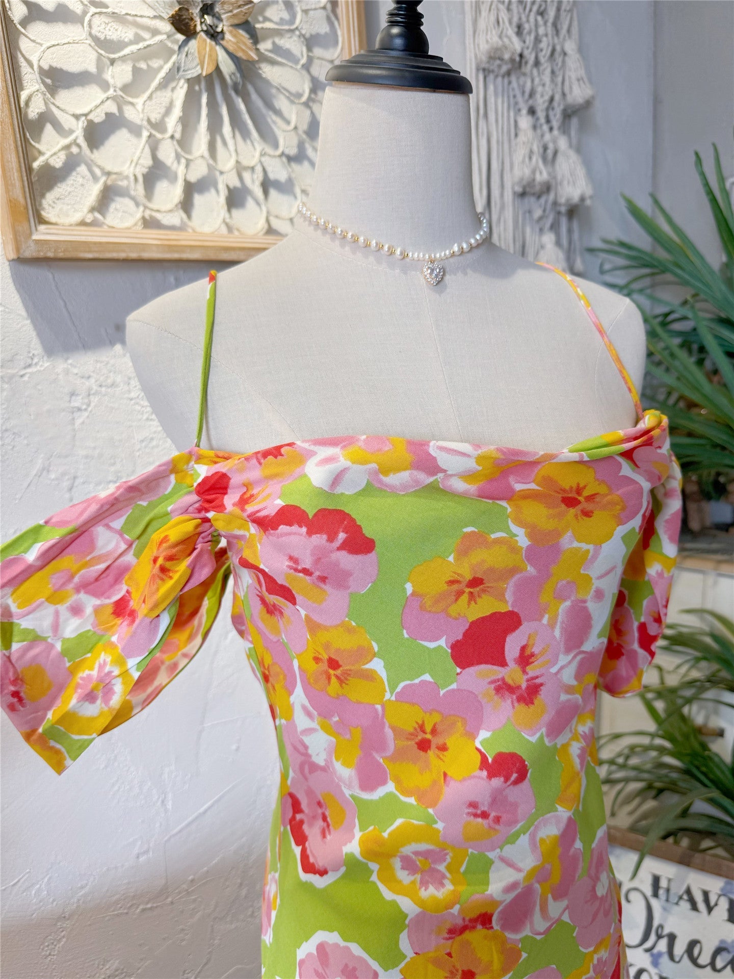 Floral Swing Neck Open Back Lace-Up Cotton Dress