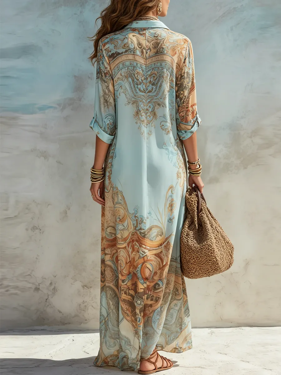 d4c09ab2feaf48fdb9db276318d96562-1 Vacation Blue Floral Print Shirt Maxi Dress
