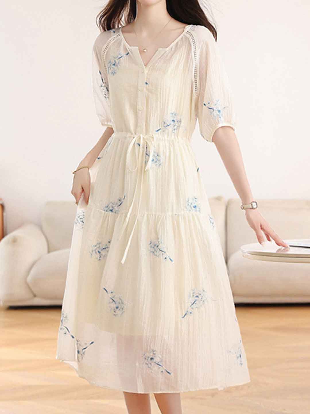 Nora Waisted V-Neck Embroidered Dress - OWNCI Nora Waisted V-Neck Embroidered Dress - OWNCI
