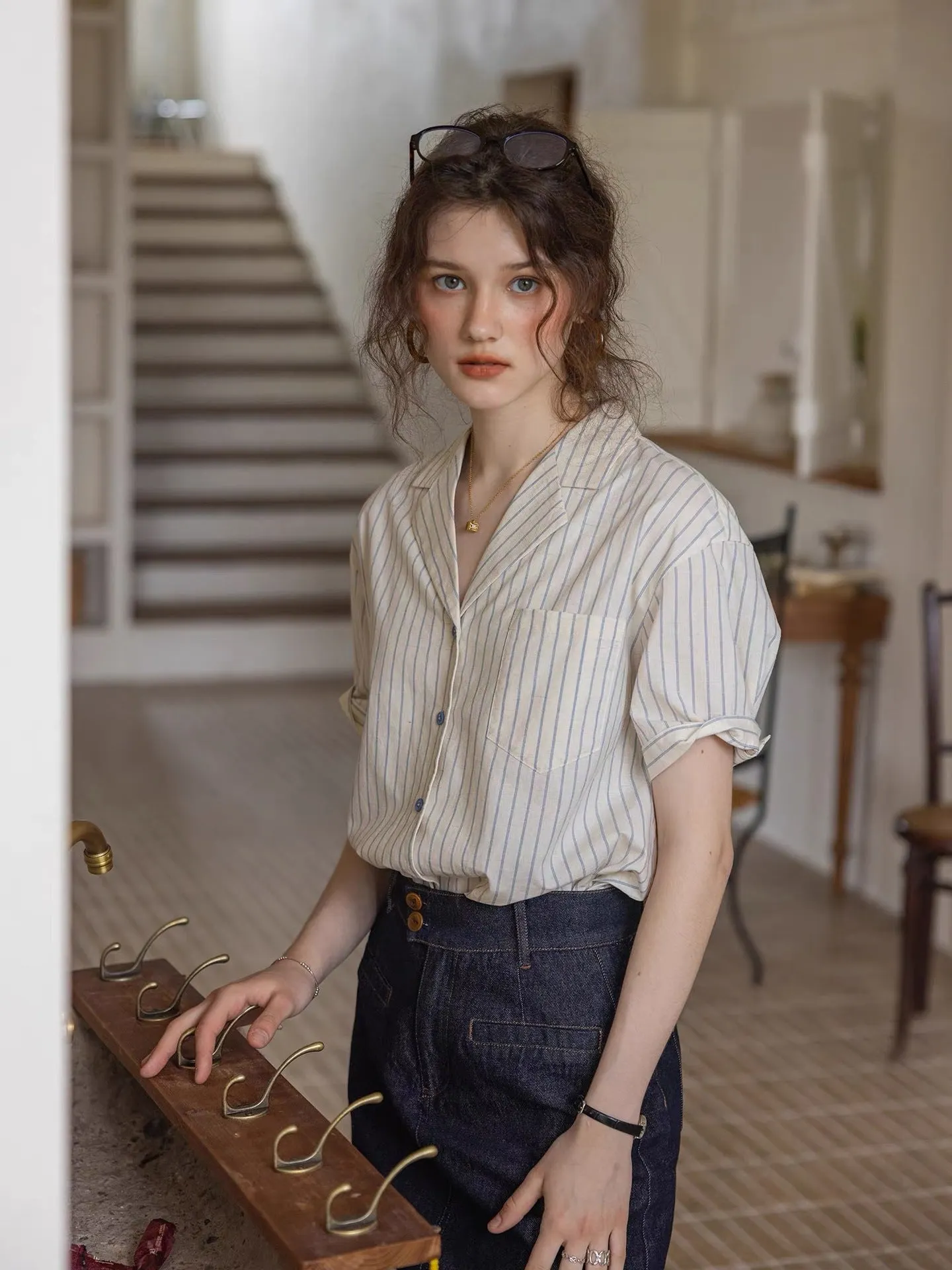 Striped Texture Cotton-Linen Short Collar Shirt