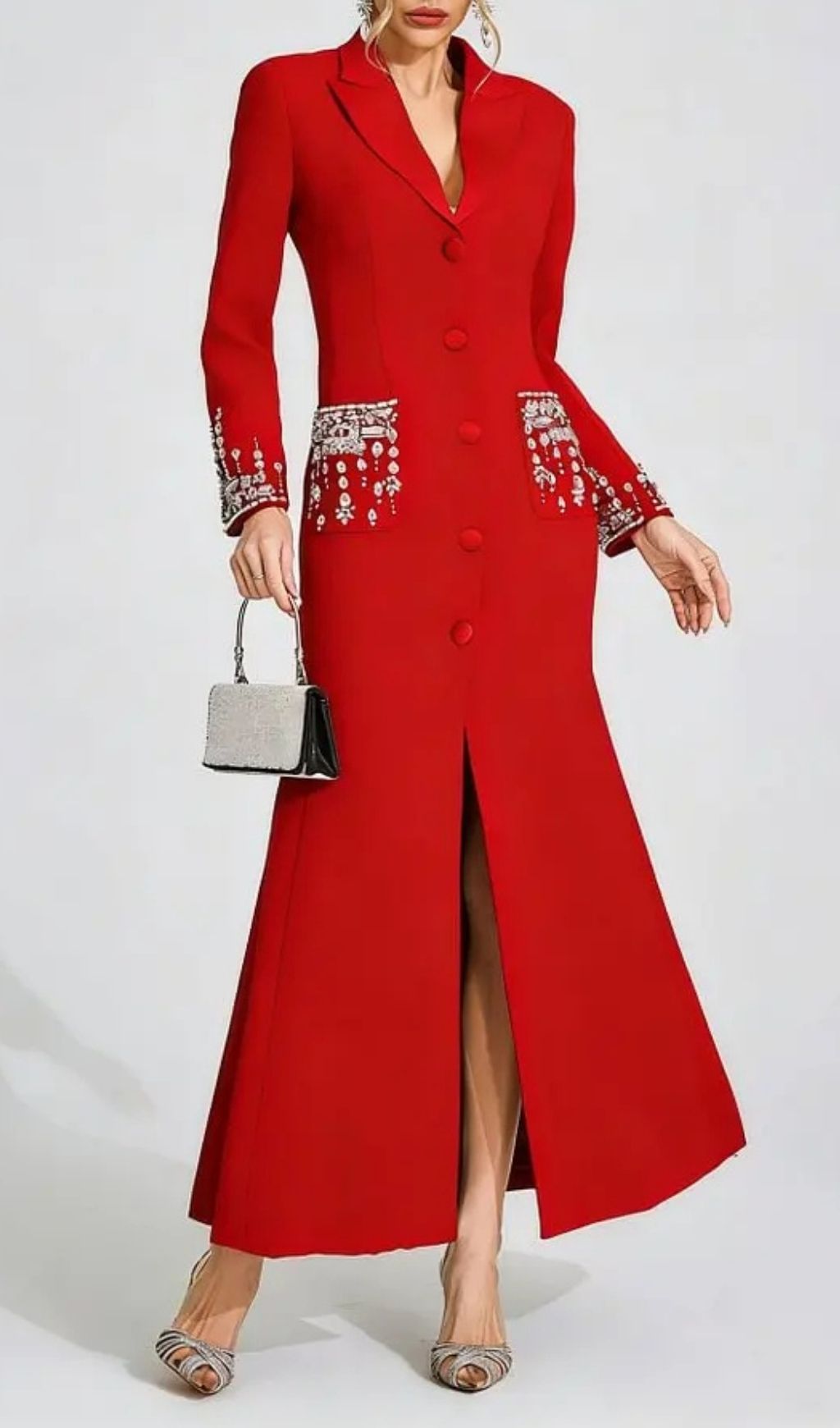 Simona Red Diamond Embellished Maxi Dress