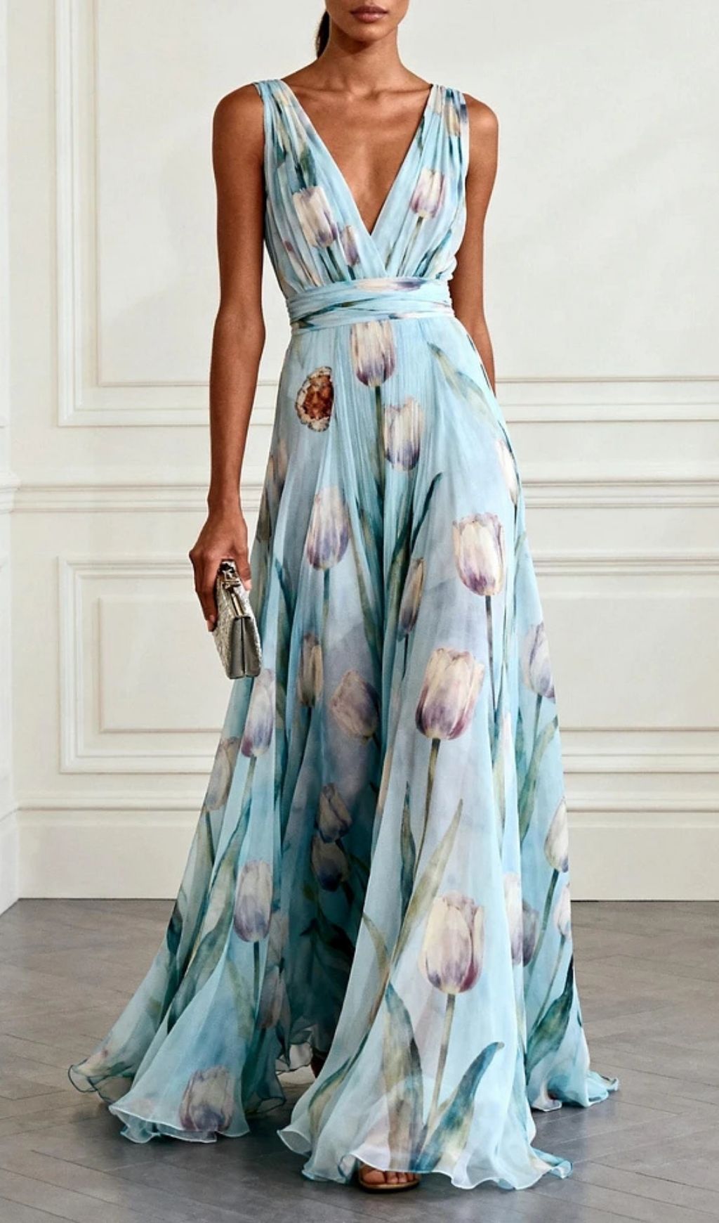 V-Neck Tulip Print Chiffon Maxi Dress - Blue