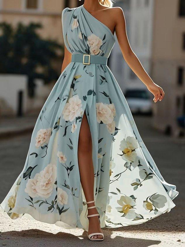 d52030b7e2396a72d8a3e13376d5209a Light Green Floral Ruched One Shoulder A-Line Maxi Chiffon Dress