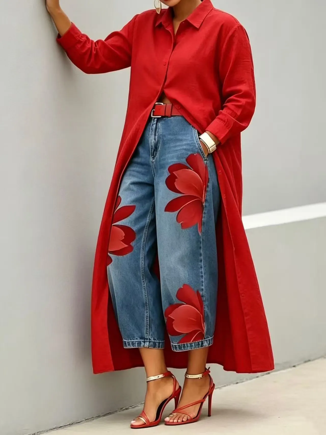 Long Shirt Paired With a Floral Wide-Leg Denim Trouser Set