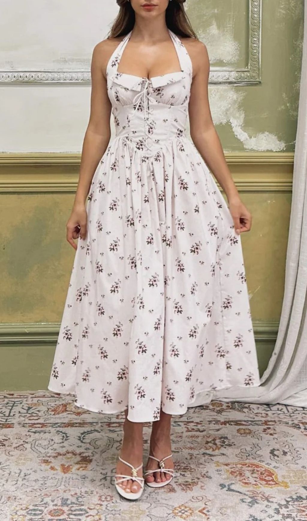 Zavethric Halterneck Lace Up Floral Midi Dress