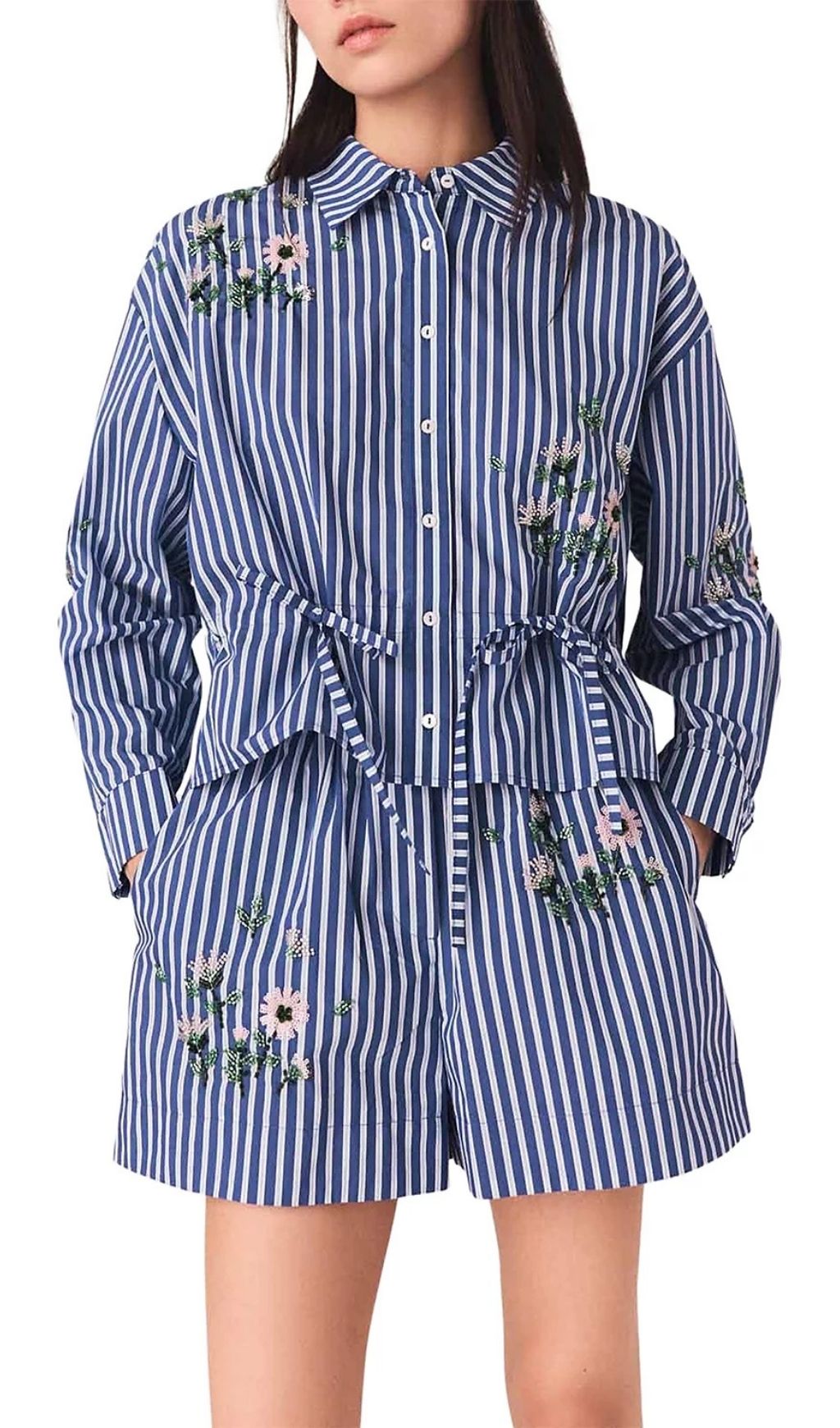 Fashionslee Women Beaded Floral Striped Shirt
