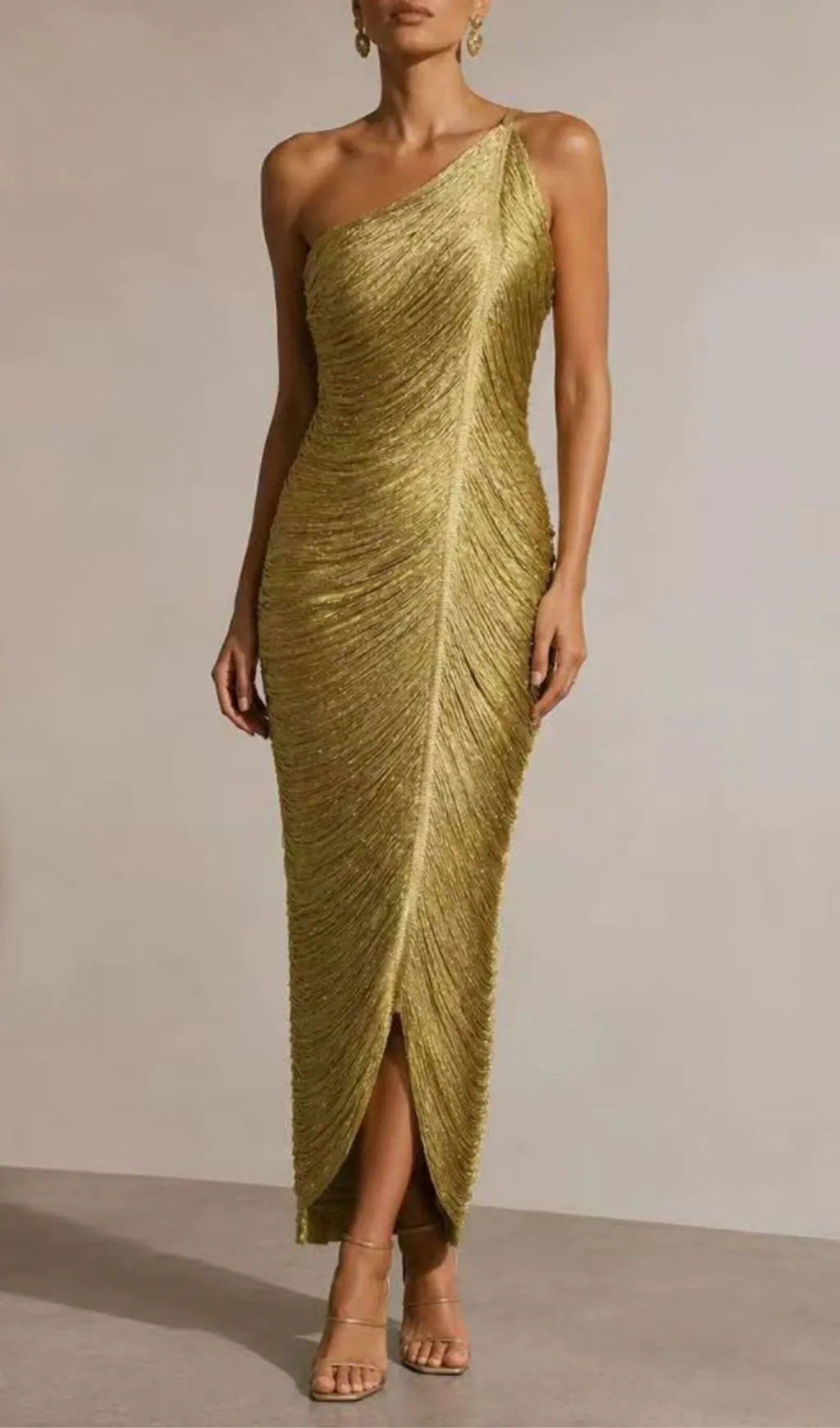 Fashionslee Women Mae Gold One-Shoulder Tassel Maxi Dress