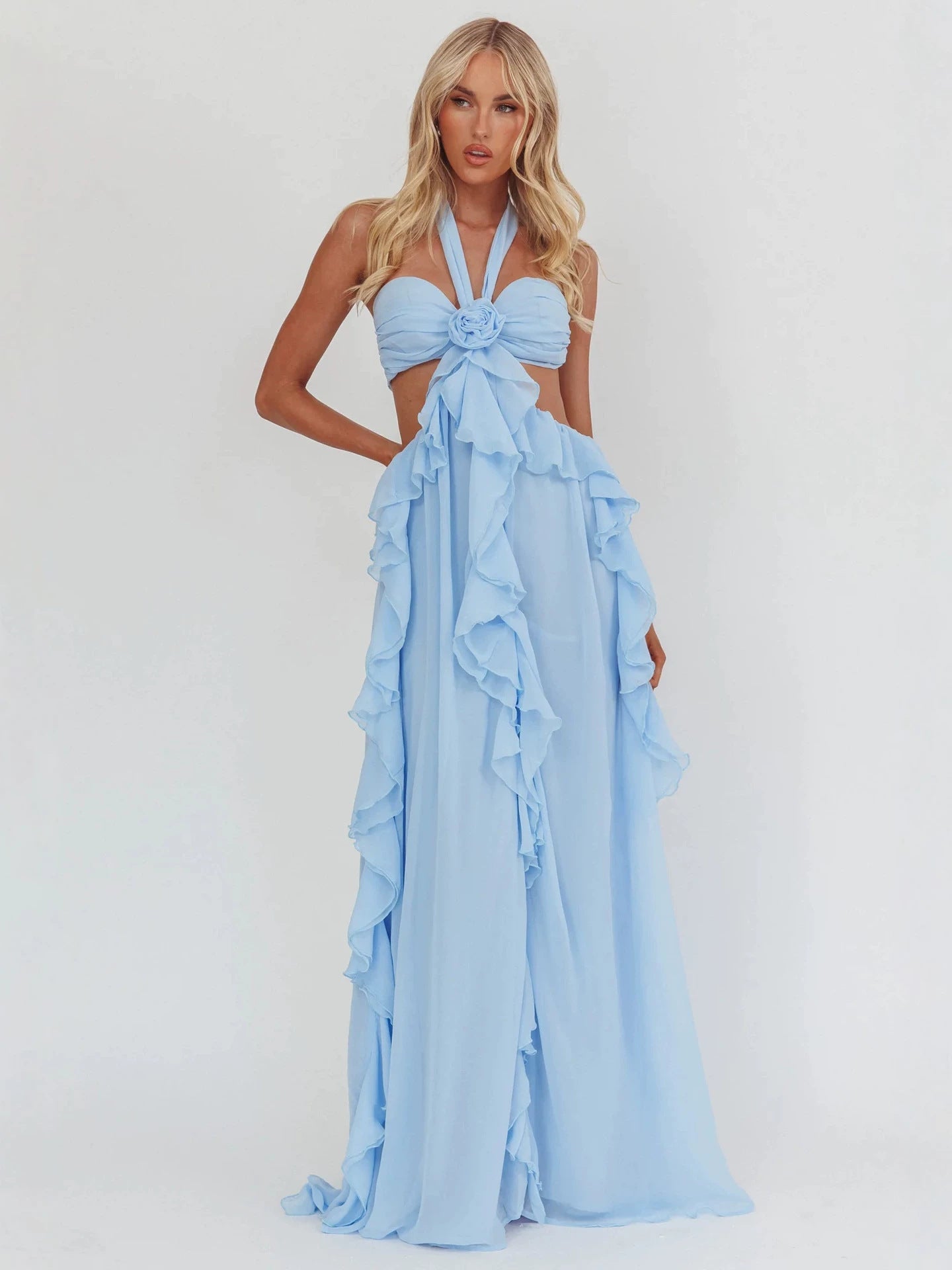 Blue Ruffle Strapless Long Chiffon Dress