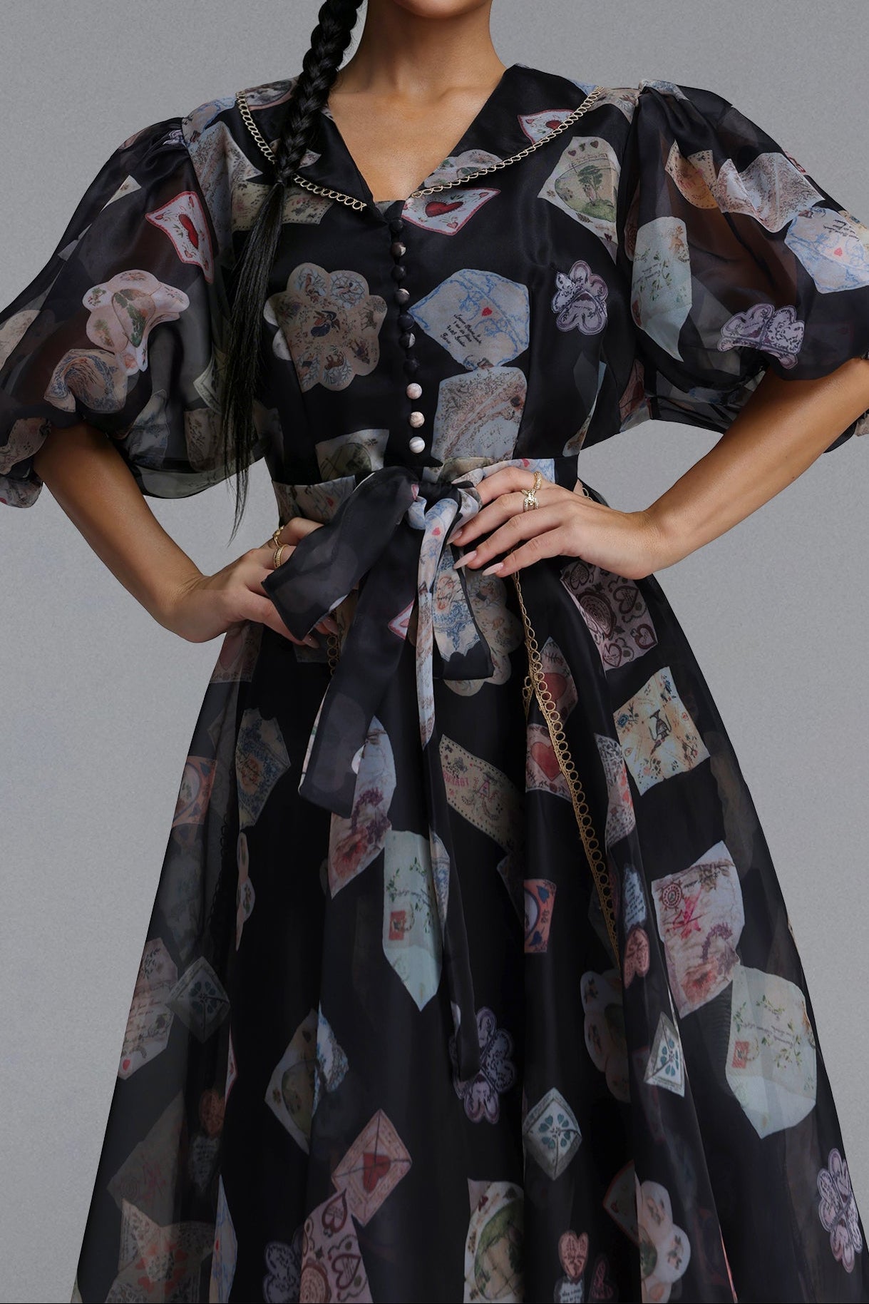 V-Neck Balloon Sleeve Playing Card Print Belted Midi Dress