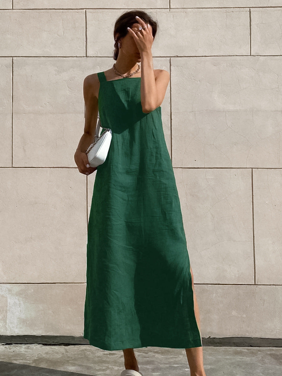 Cotton Linen Side Slit Strap Midi Dress