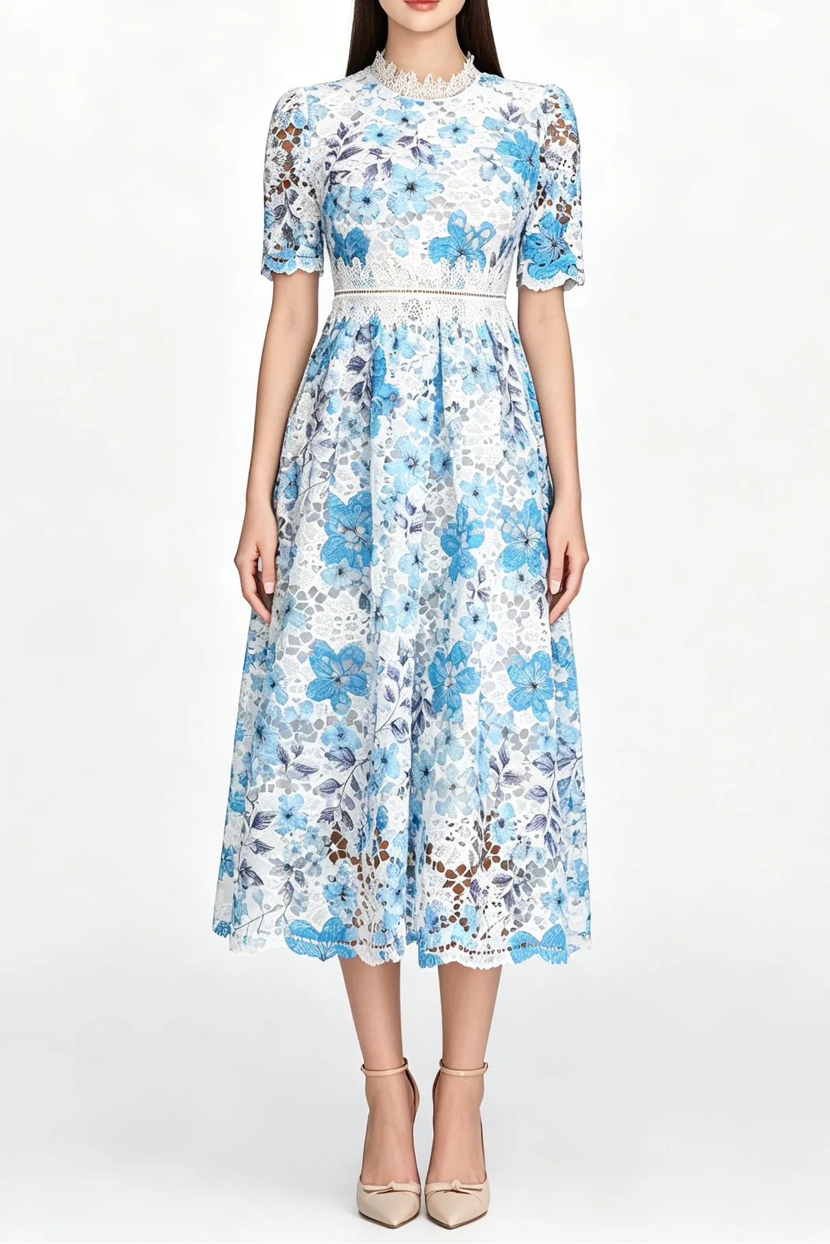 Blue Floral Hollow Lace High Neck Short Puff Sleeve Midi A-Line Dress