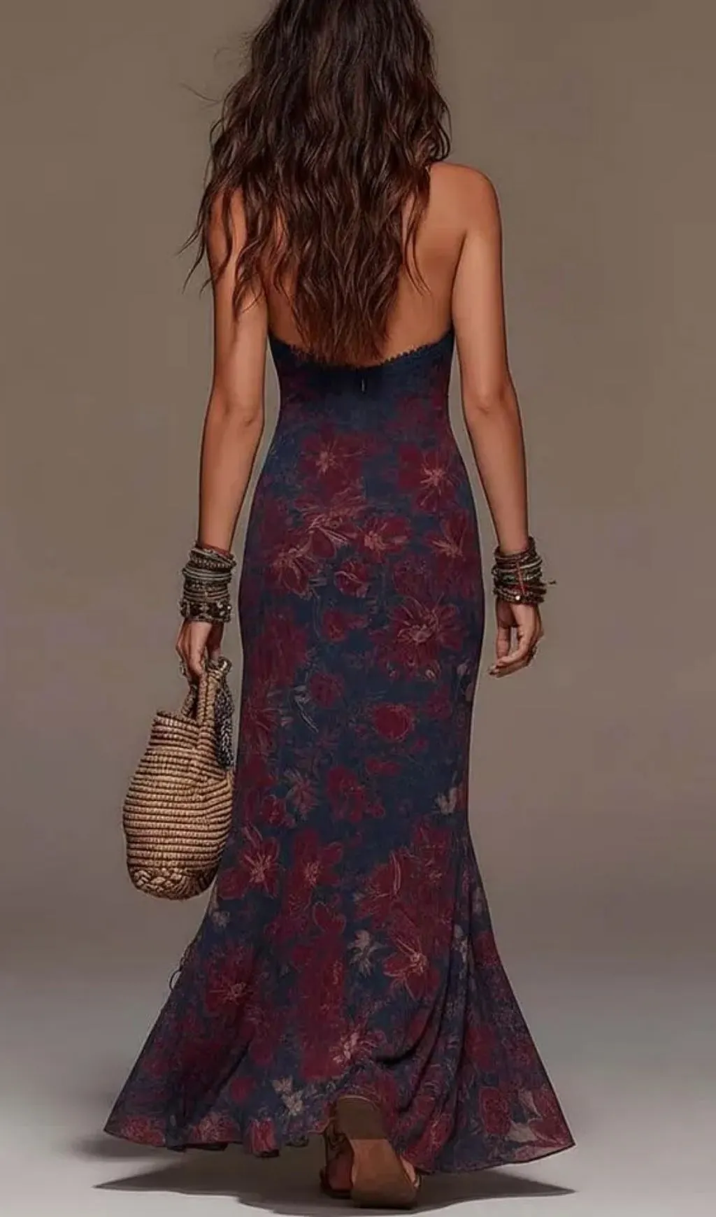 Fashionslee Women Retro Lace Halterneck Floral Fishtail Maxi Dress