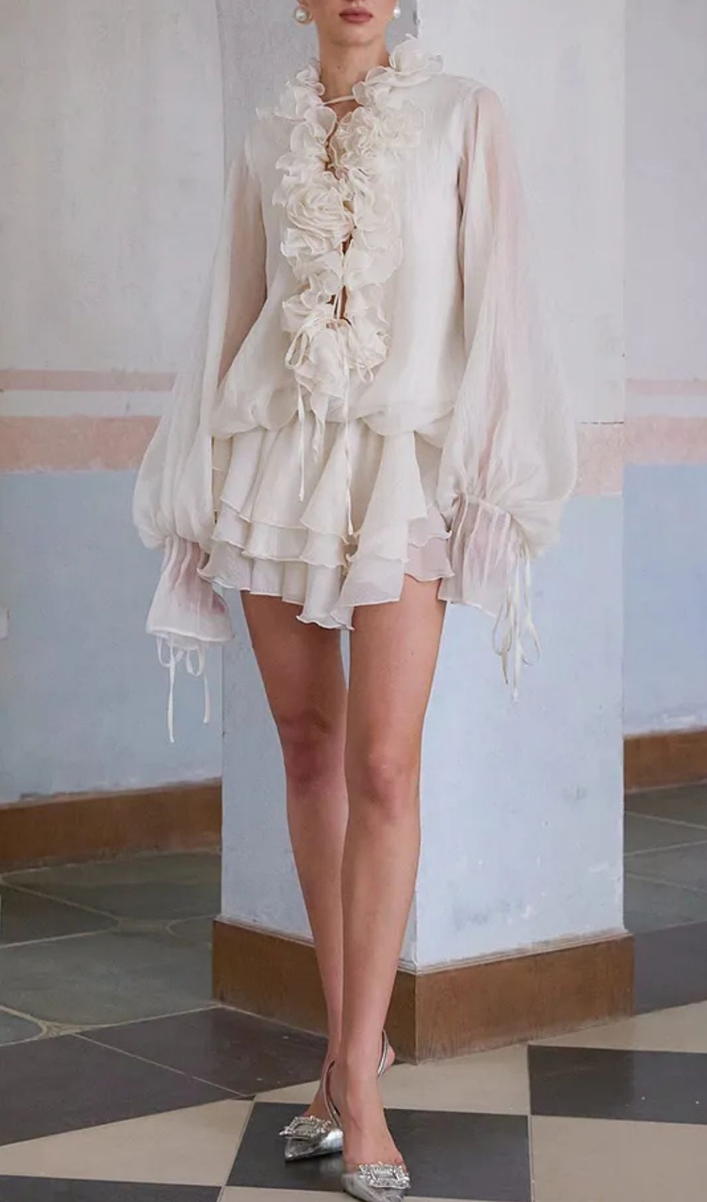 Zéphyrine Floral-Appliqué Tiered Mini Dress In Neutrals
