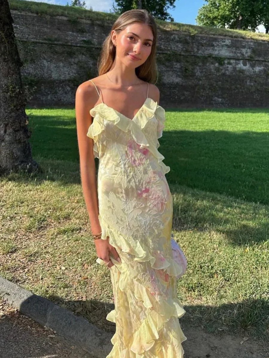 Floral Printed Spaghetti Straps Maxi Dress With Ruffles - OWNCI