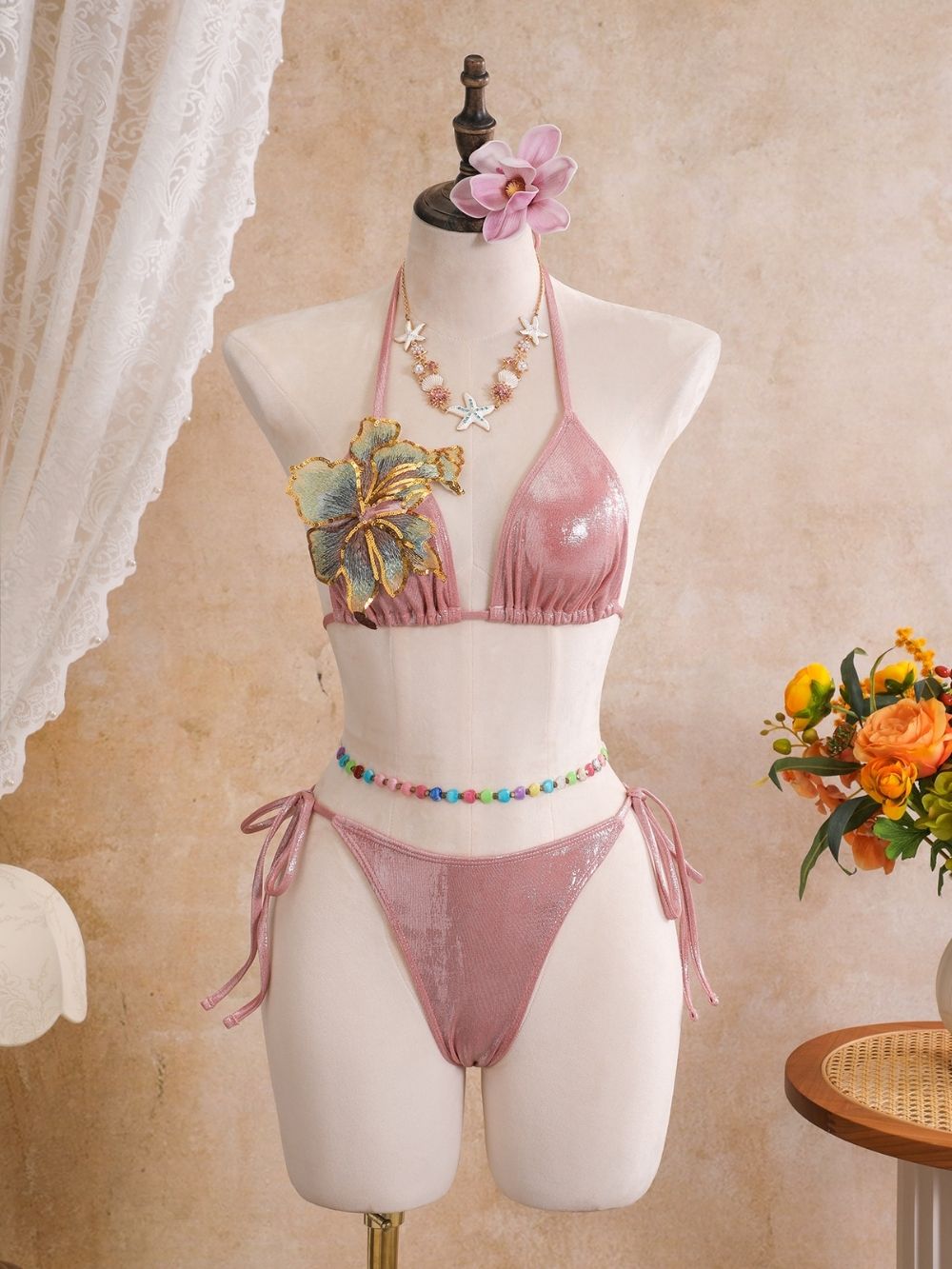 Ambric Pink Flower Three-Piece Swimsuit