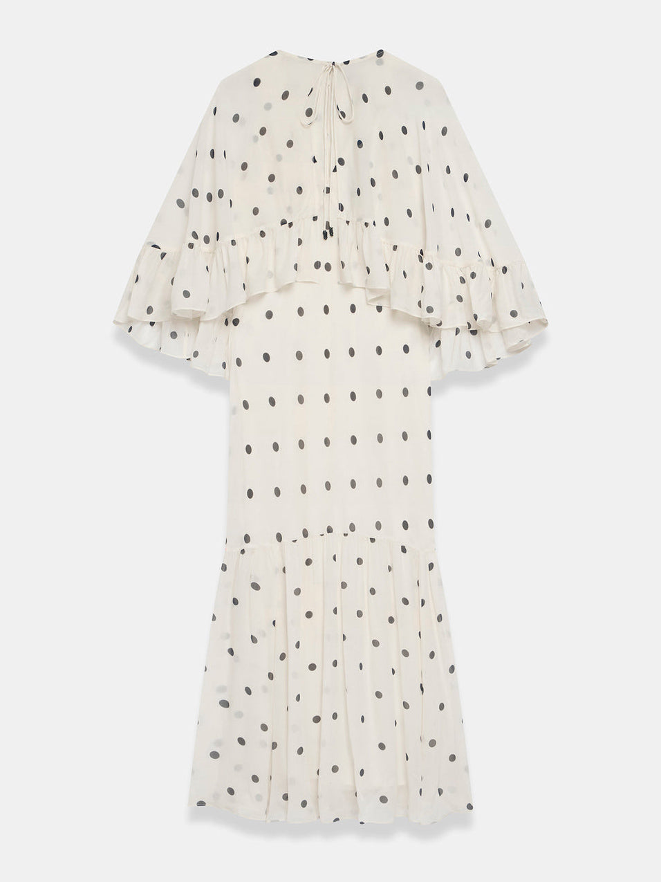 d713bf613f74a228ae650d6ed527f0e6 Polka Dot Ruffle Layered Chiffon Cape Maxi Dress