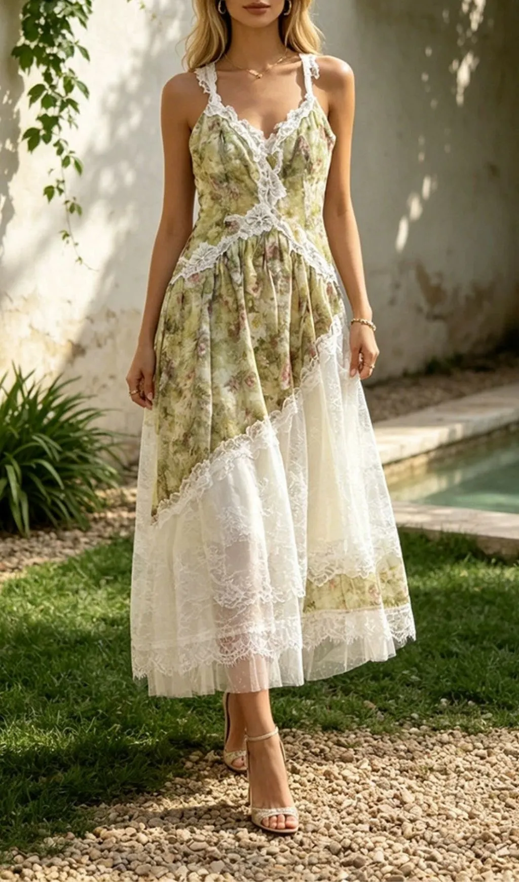 Fashionslee Women Madison Green Strappy Floral Lace Midi Dress