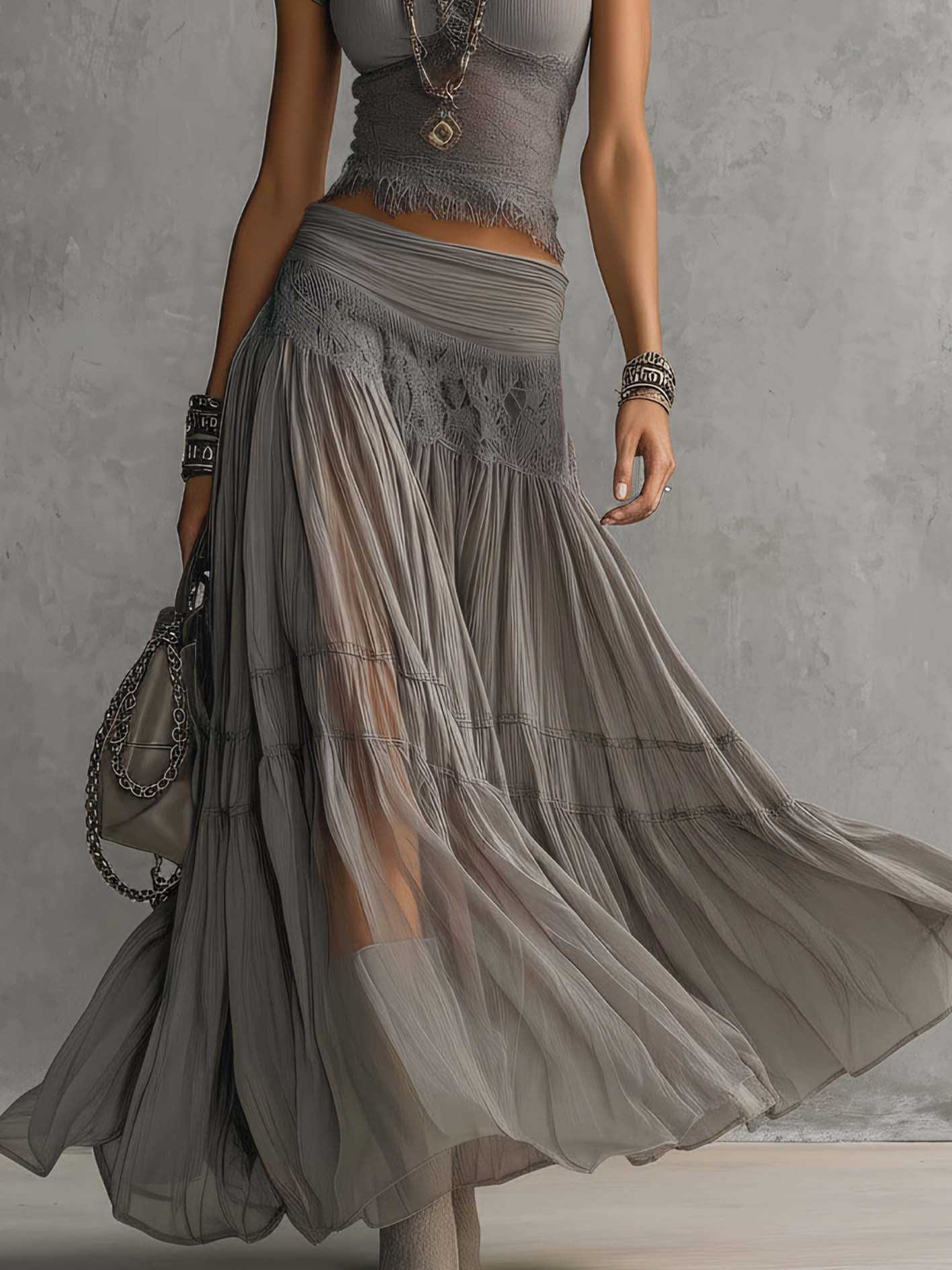 d7509765346af07c89e875f22968b097 Grey Sheer Lace-Paneled Top and Pleated Maxi Skirt Set