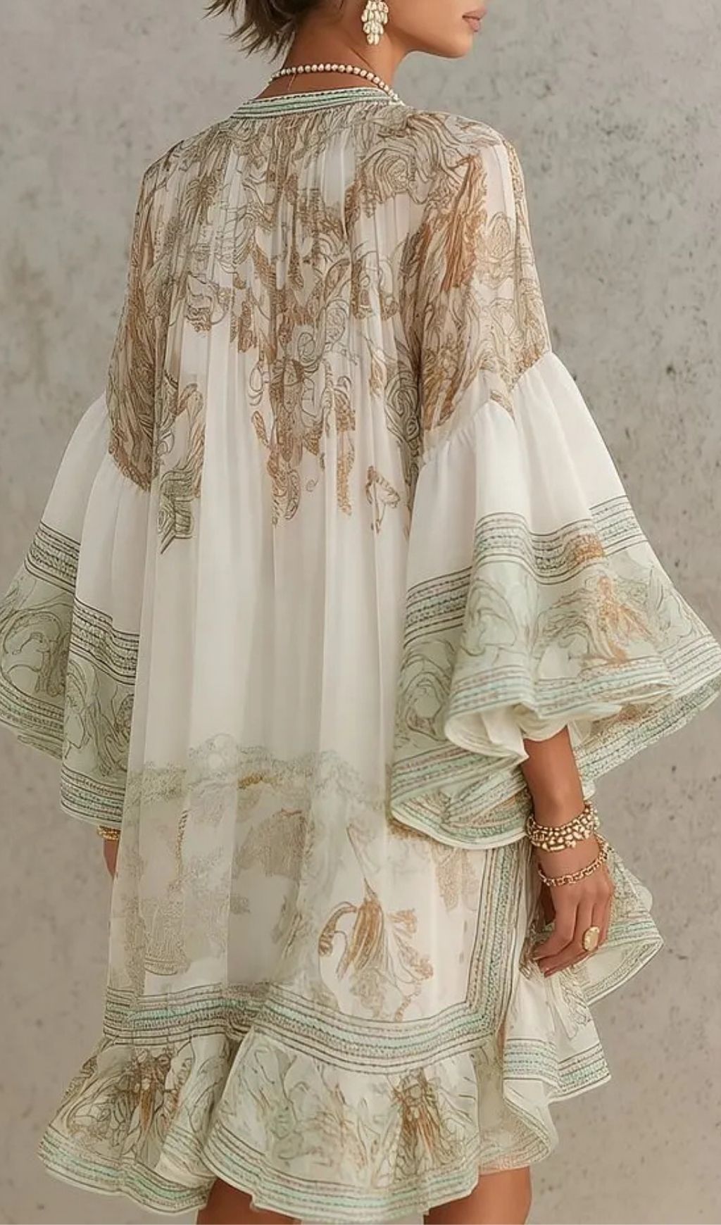 Green Print Ruffle Hem Flounce Sleeve Chiffon Mini Dress