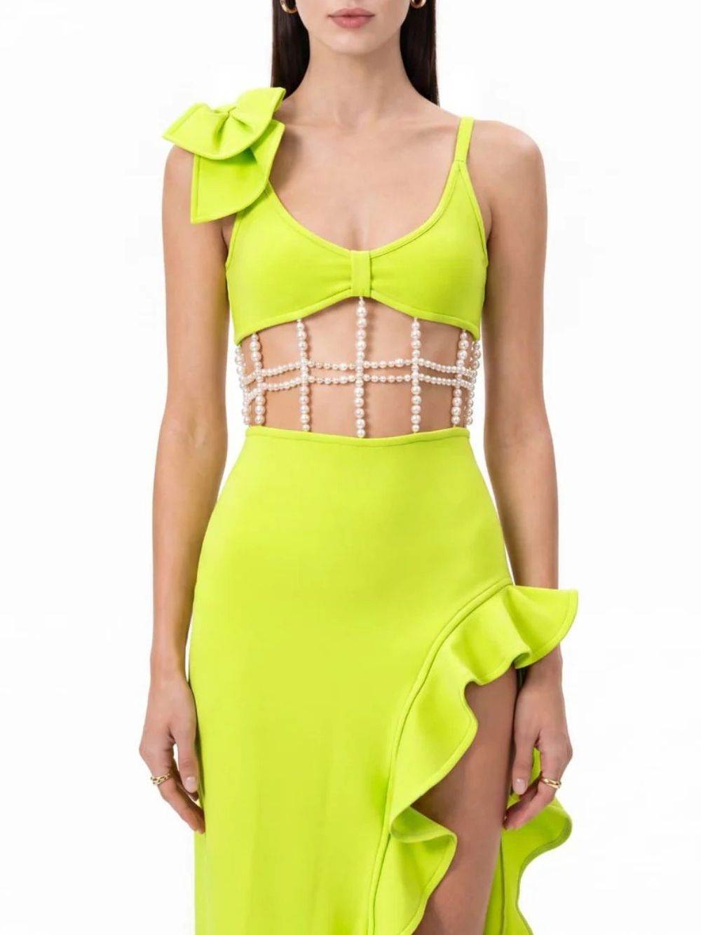 Nysora Pearl Split Maxi Dress In Chartreuse