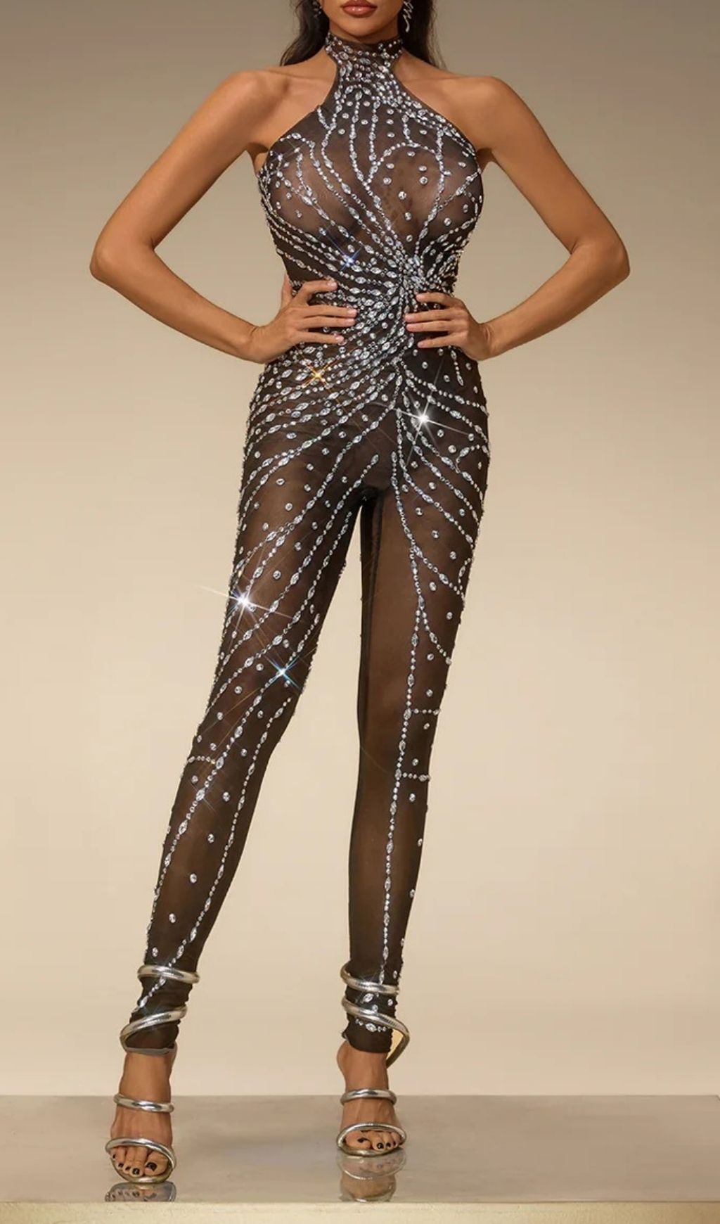 Fashionslee Women Siesia Rhinestone Mesh Jumpsuit