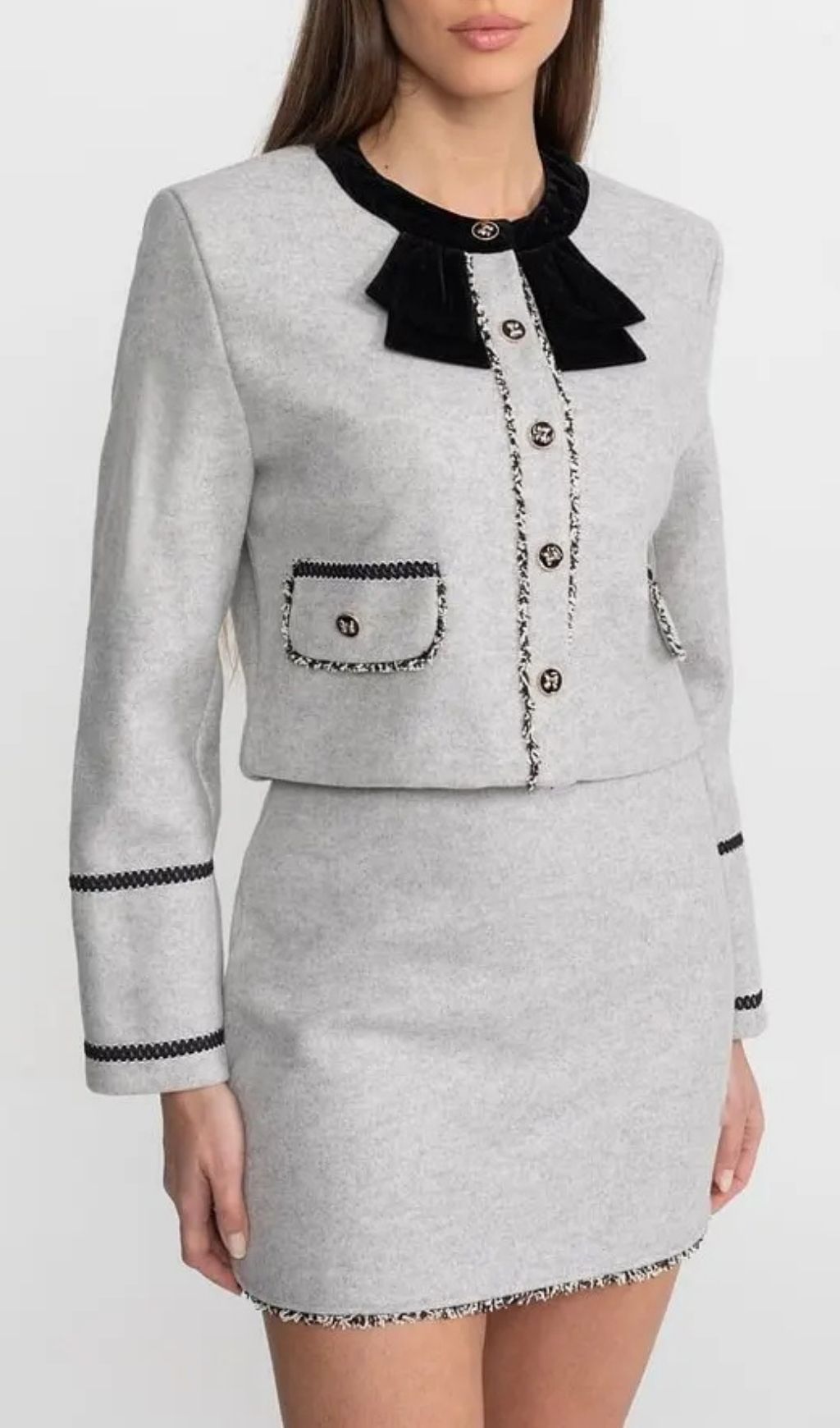 d7b16b5560173c90670abb7a702ba937 Amy Grey Co-Ord Set With Velvet Bow Collar Detail