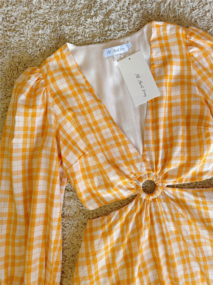 Orange Plaid V-Neck Long-Sleeve Cotton Dress