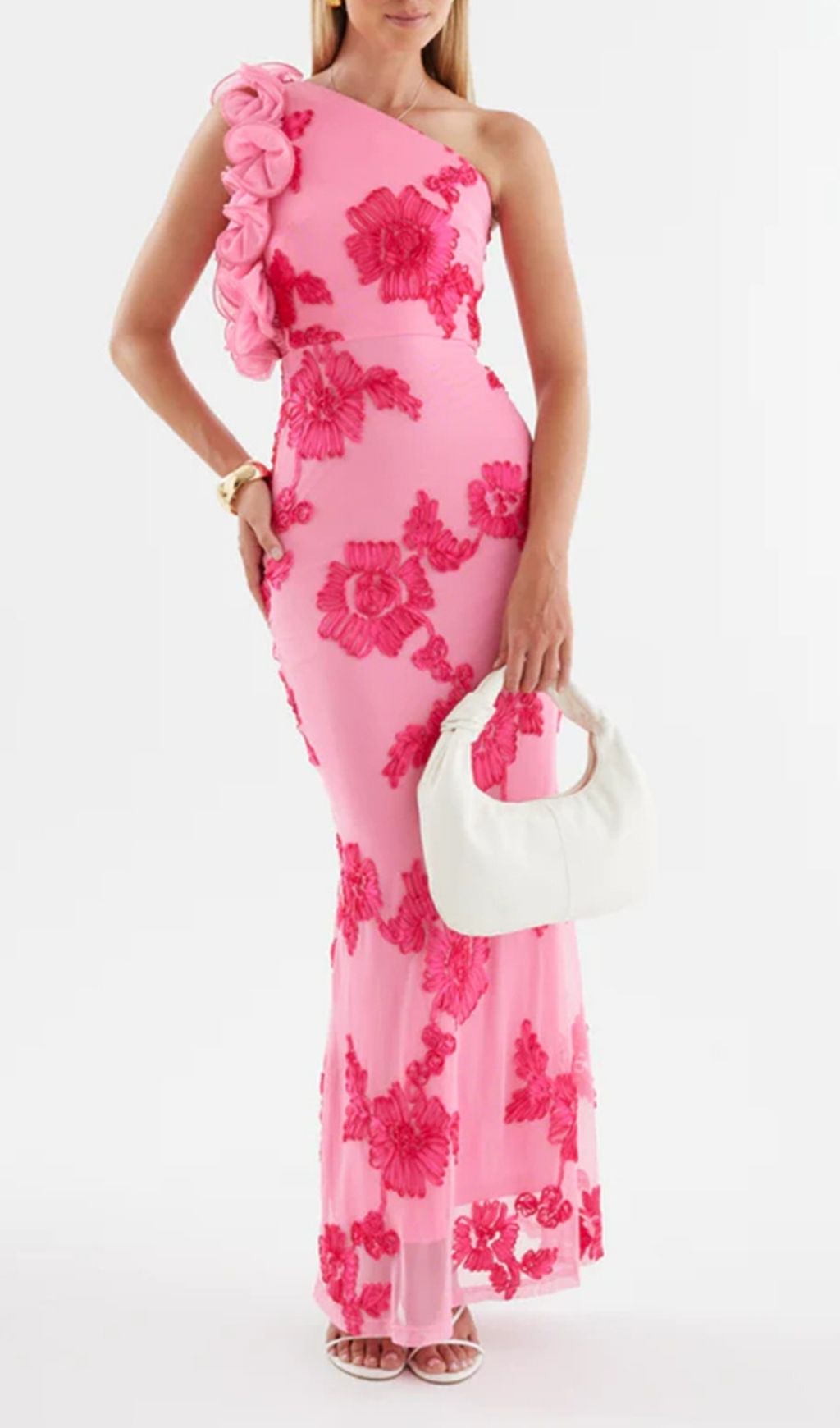 d8173dfe8280aaf73eb07846eec961a4 Novia One-Shoulder 3d Flower Embroidery Bodycon Maxi Dress - Pink