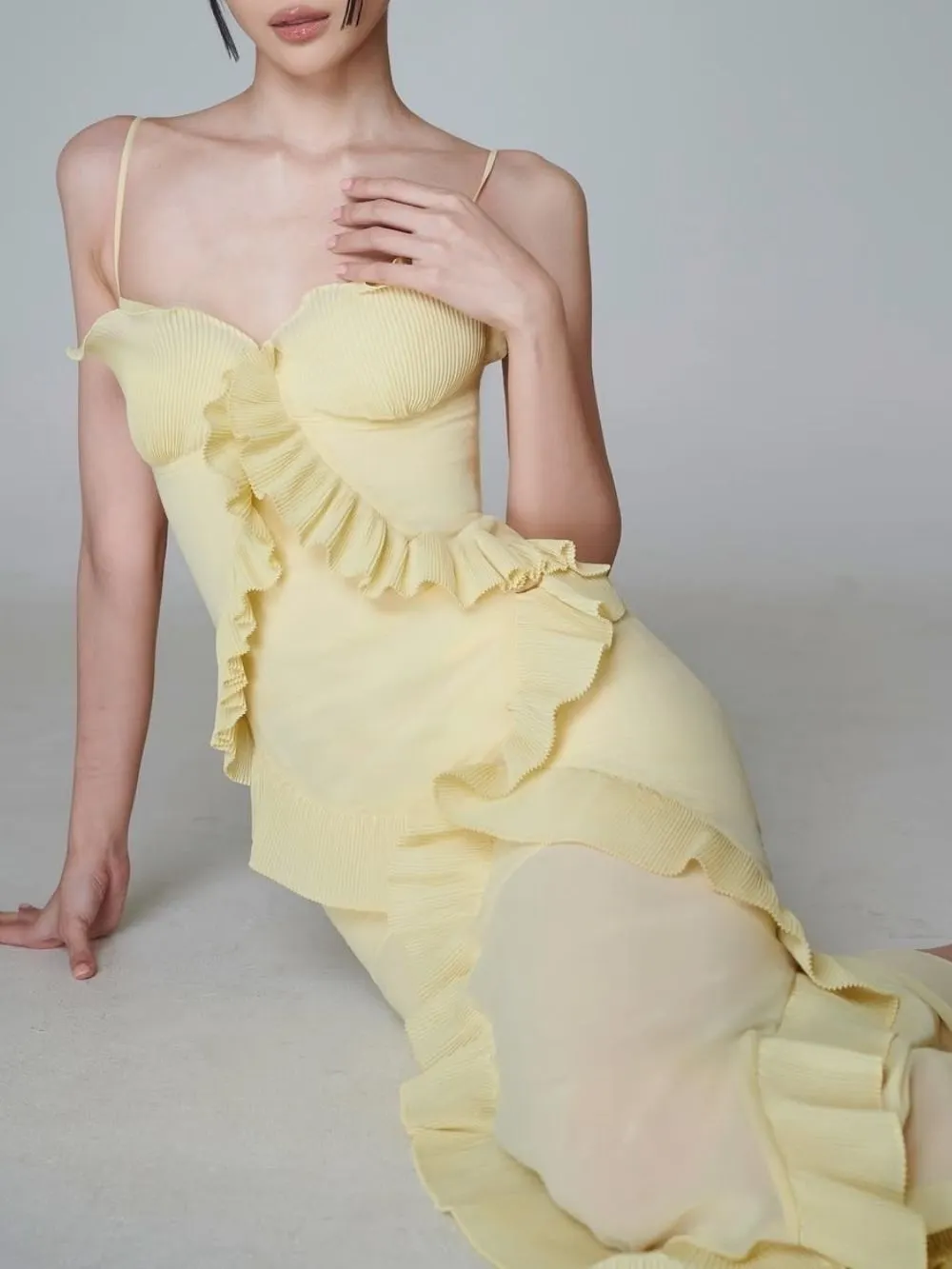Mallie Yellow Spaghetti Pleated Ruffle Maxi Dress