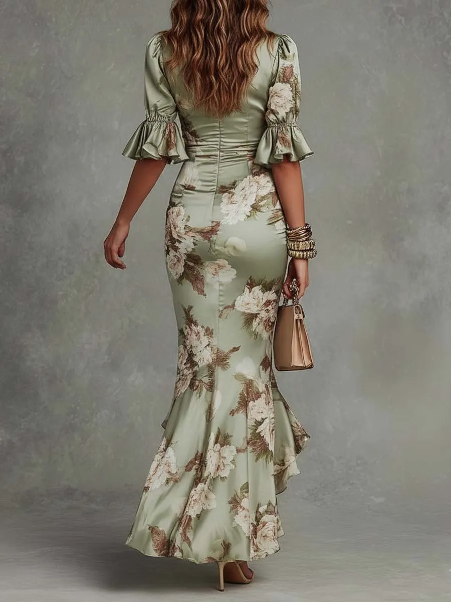 d88f499a4f7d6e3b593b38c4c309f97a Green Floral Ruffled Bell Sleeve V-neck Satin Asymmetrical Maxi Dress
