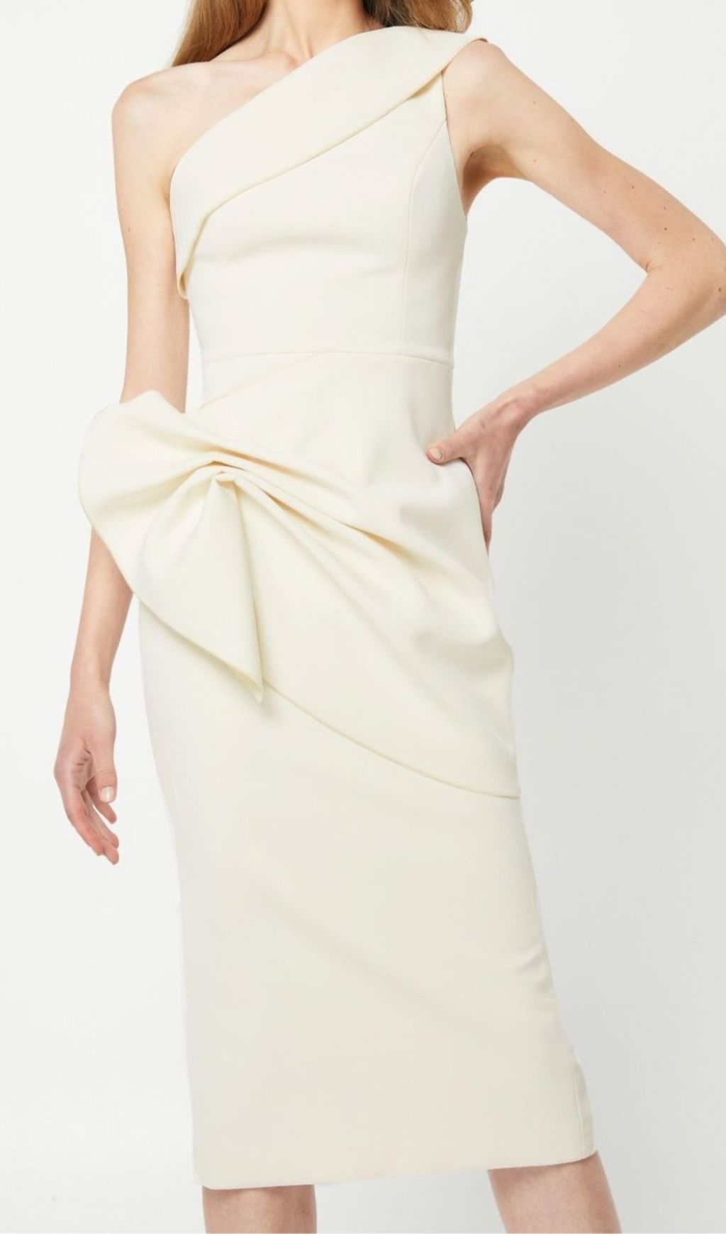 Laurien White One-Shoulder Fold Midi Dress - white midi dress by OWNCI