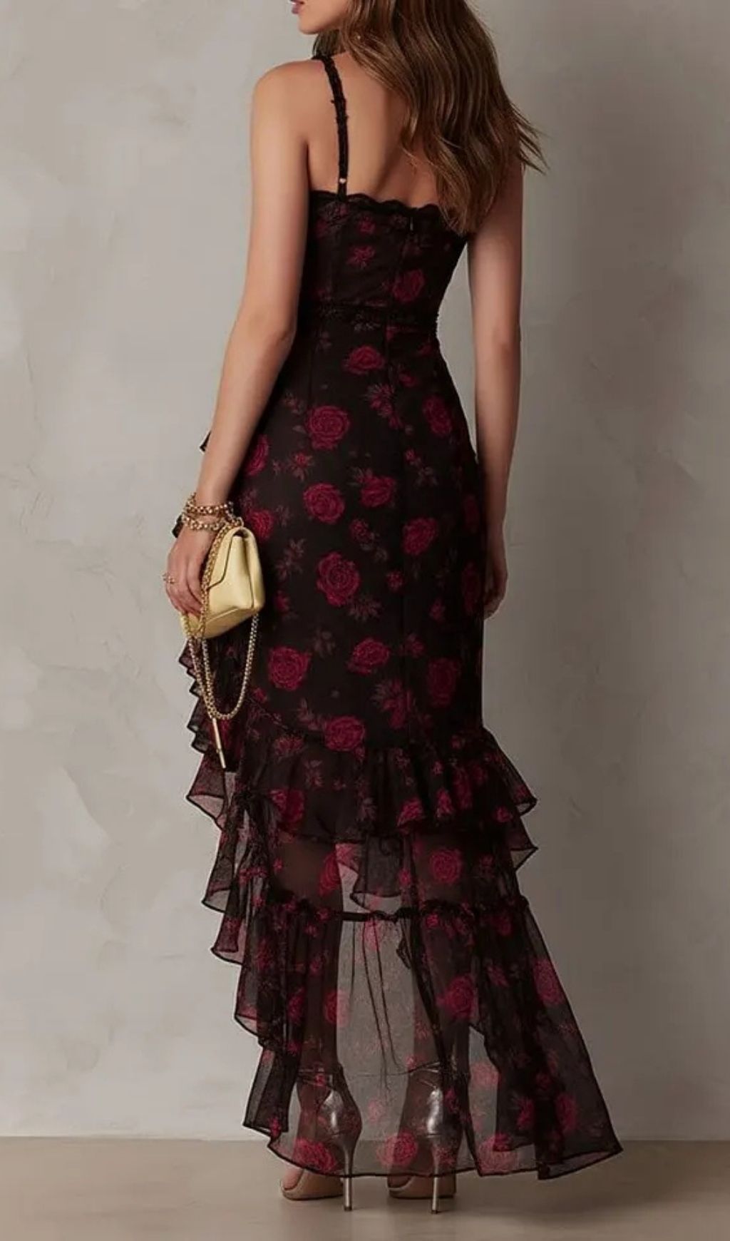 Fashionslee Women Chic Black And Red Floral Ruched Ruffle Hem Dress