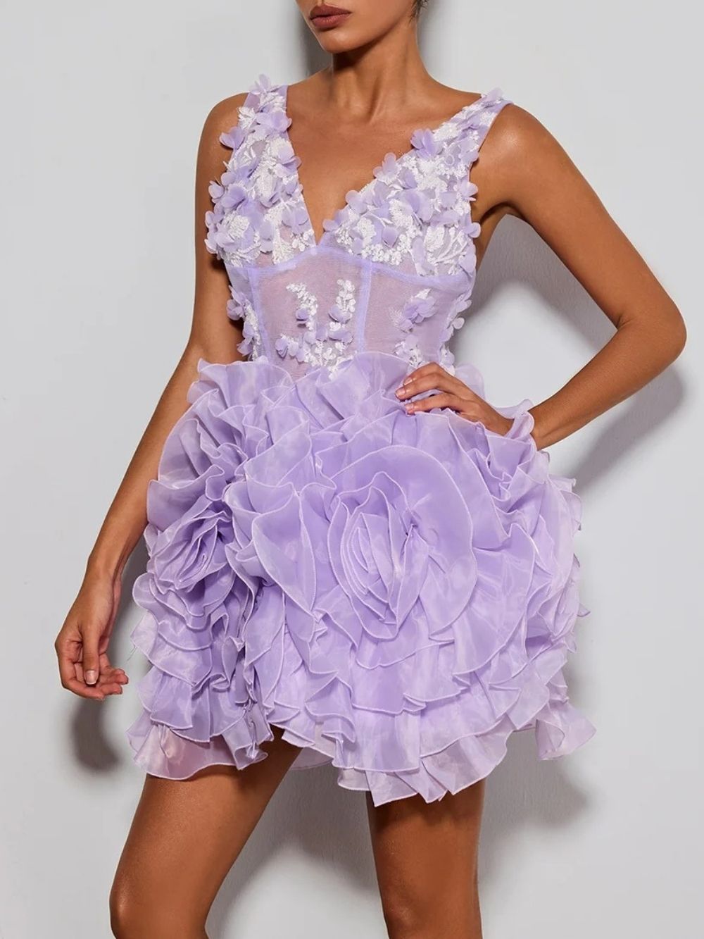 Ervin Purple V Neck Flower Mini Dress