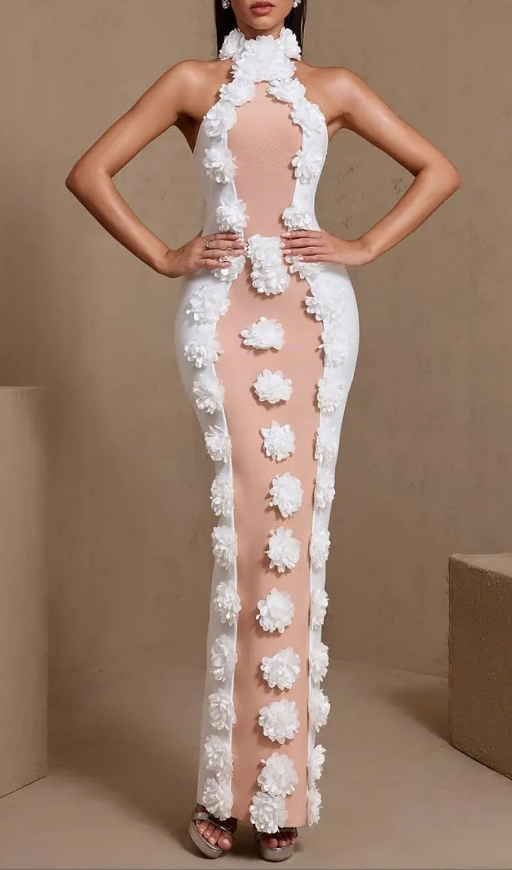 Jennifer White Halter Neck 3D Flowers Bandage Maxi Dress