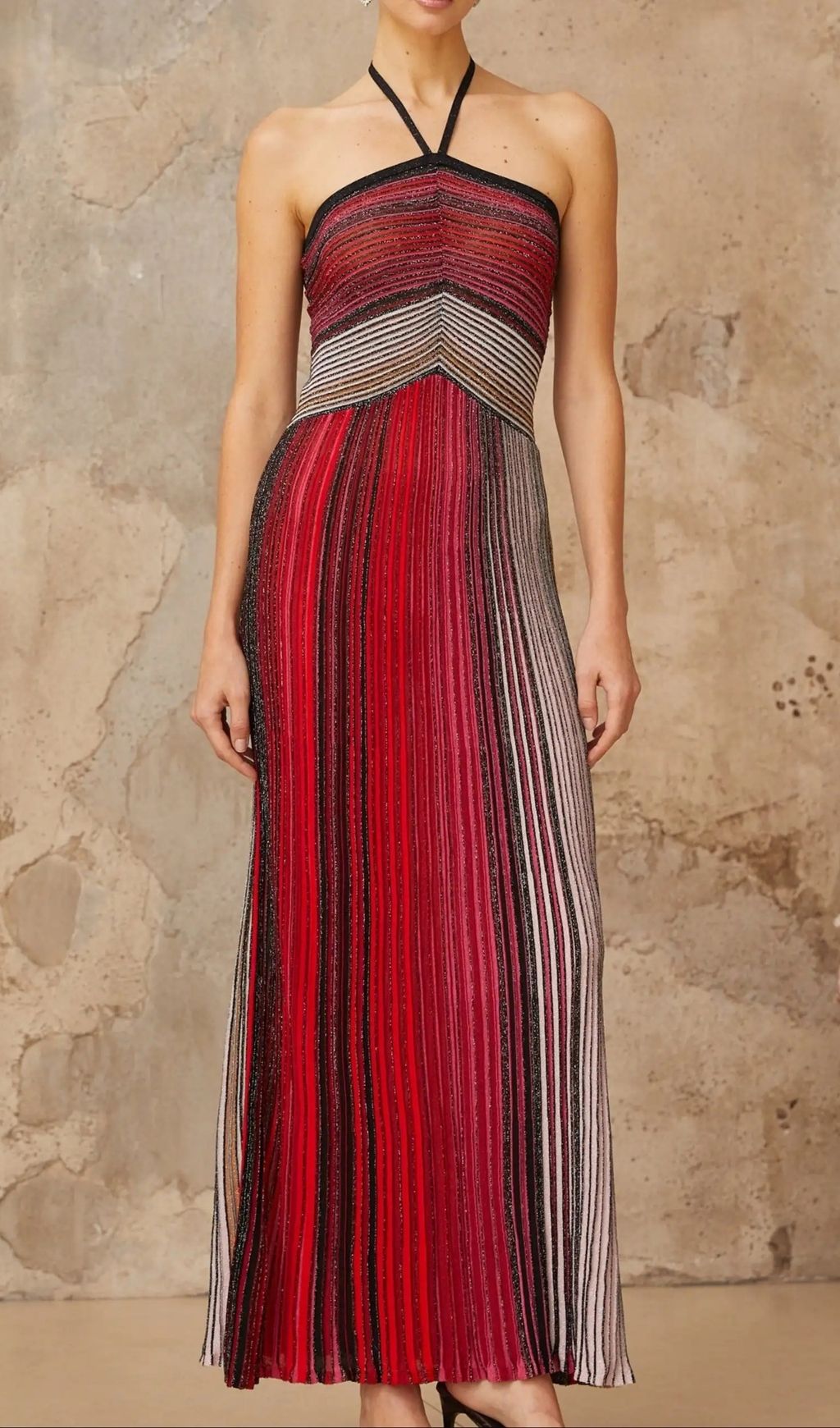 Ulysse Red Metallic Knit Halterneck Maxi Dress