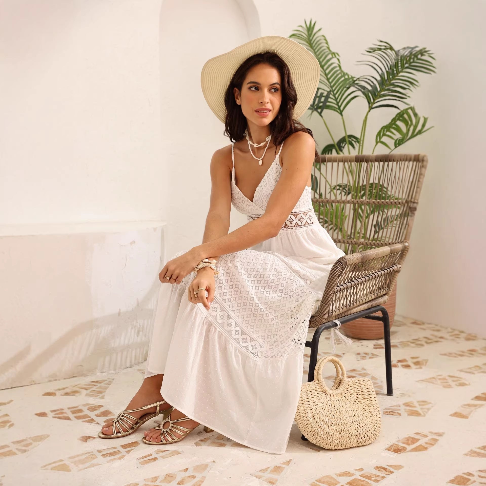 White Lace Vacation Pure Cotton Slip Maxi Dress