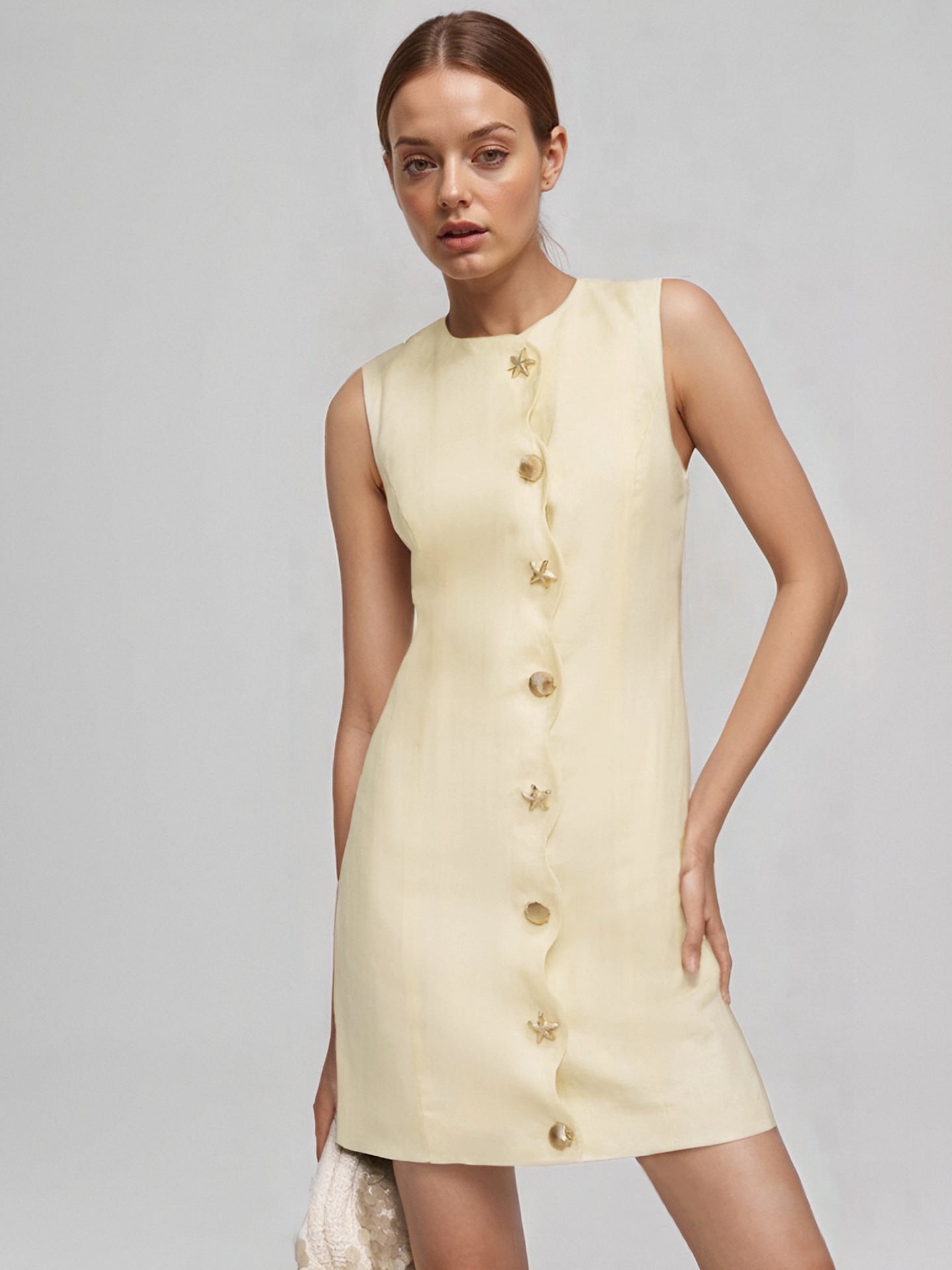 Pale Yellow Sleeveless Round Neck Star Shell Button Straight Mini Dress