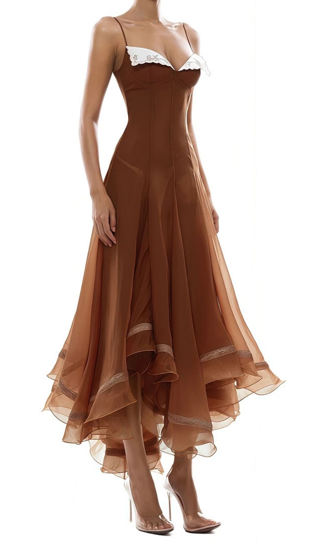 Xaviera Rust Asymmetrical Midi Dress In Brown