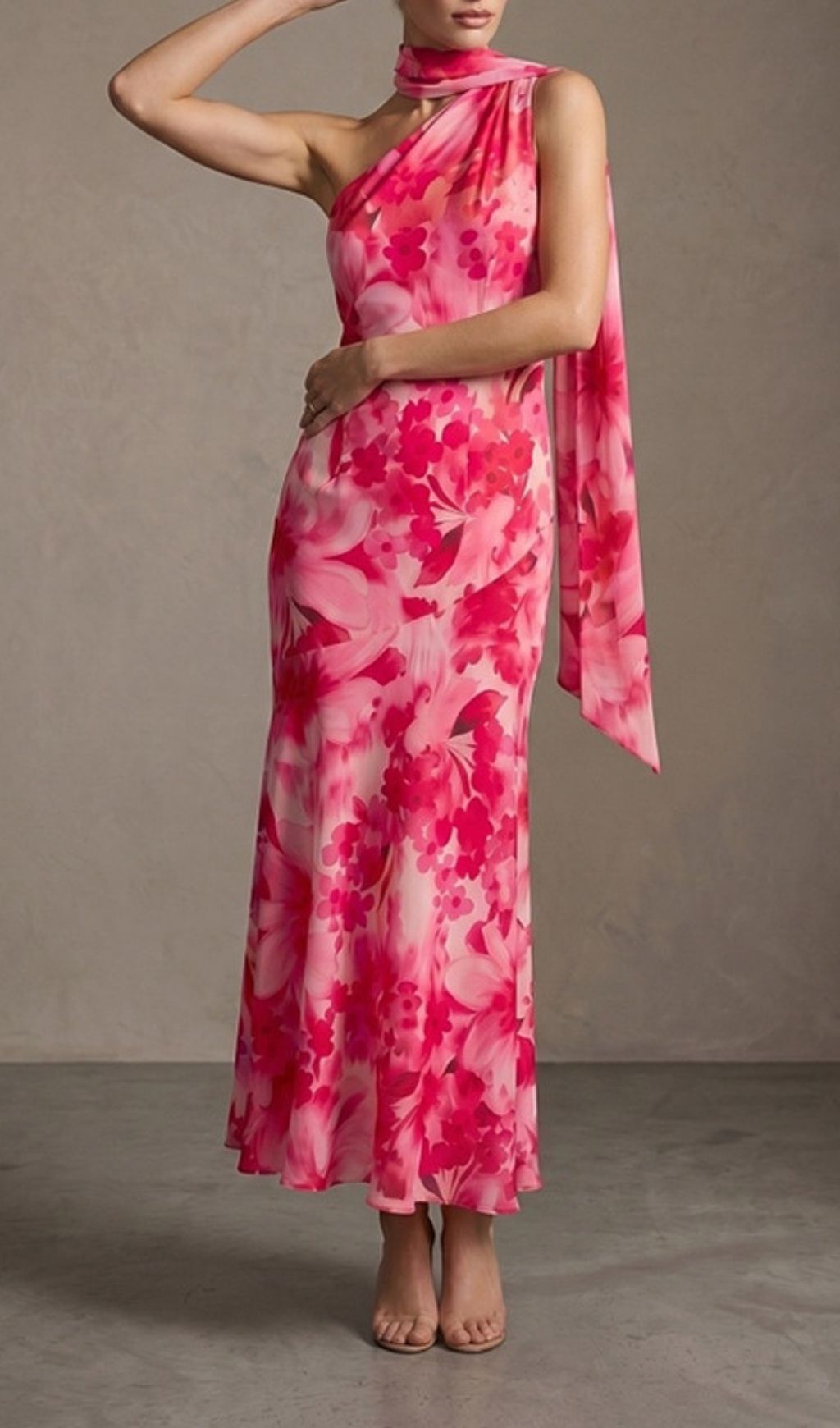 One-Shoulder Floral Mermaid Maxi Dress In Red
