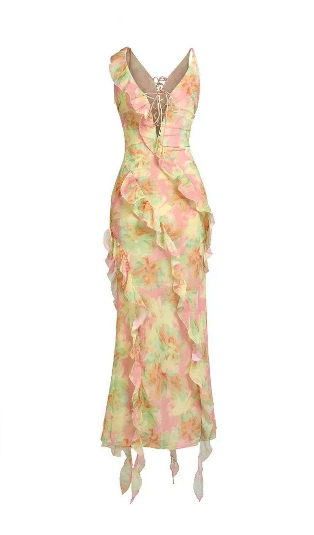 Jessie Tie Dye V-Neck Ruffle Tie-Up Midi Dress