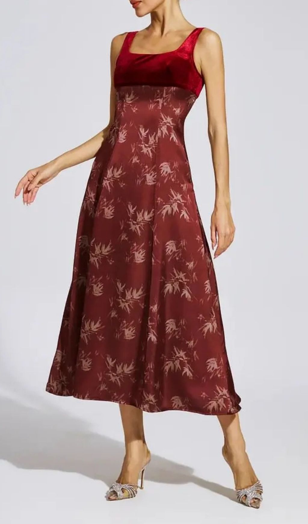 Lucy Retro Square Neck Print Suspender Midi Dress - Burgundy
