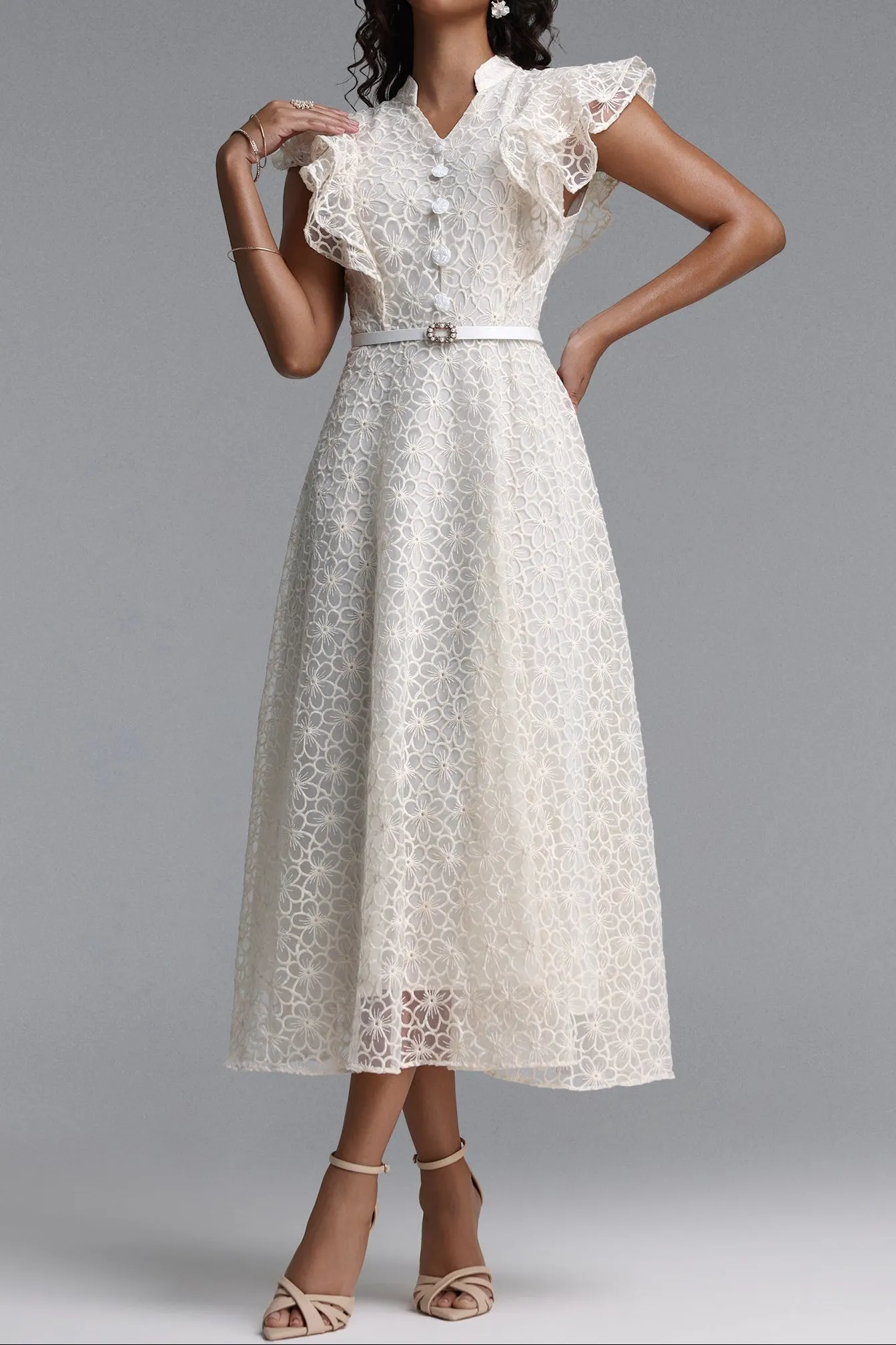 Mandarin Collar Ruffle Sleeve Floral Lace Midi Dress With Belt