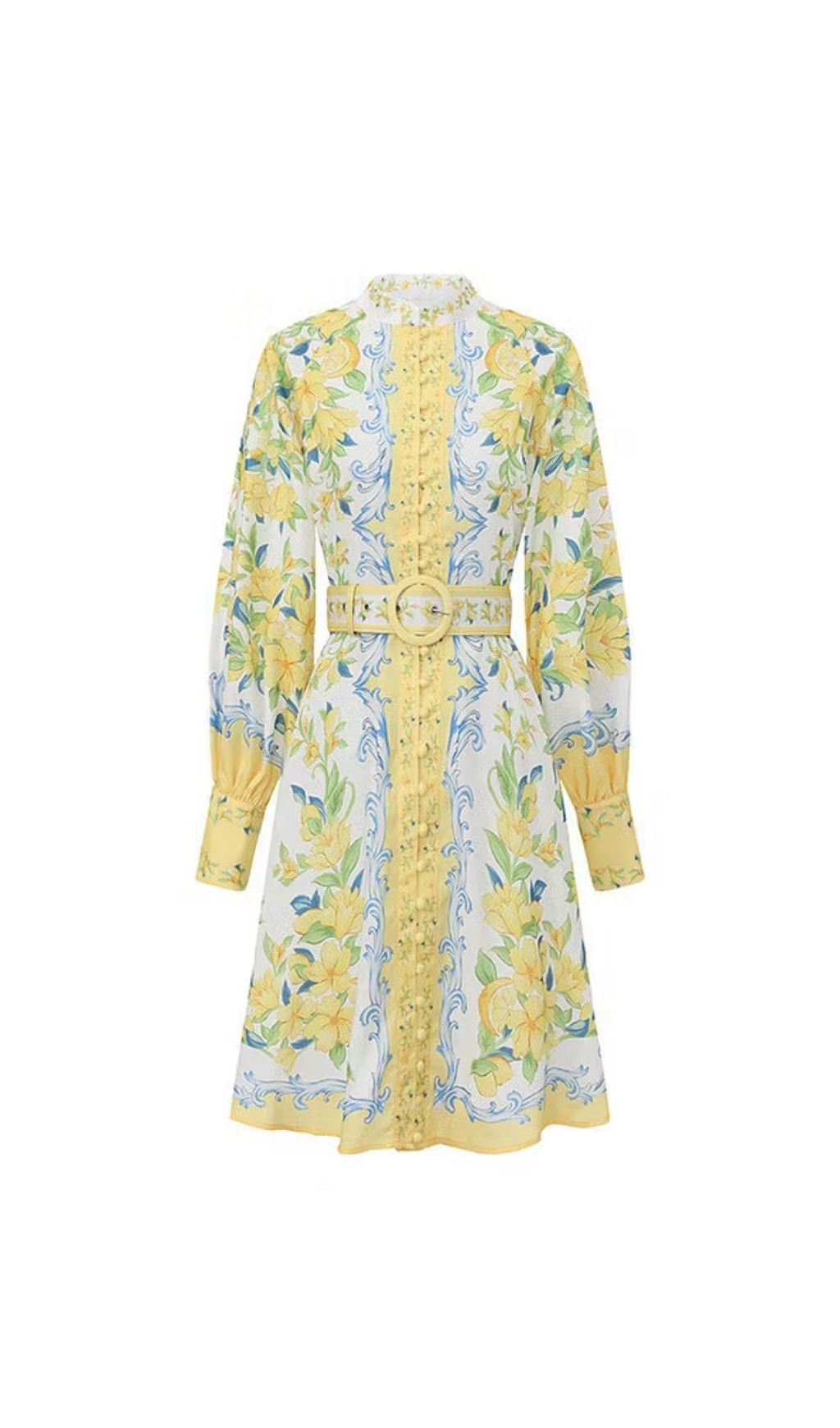 Lemon Floral Single-Breasted Midi Dress With Belt – Yellow - OWNCI Lemon Floral Single-Breasted Midi Dress With Belt – Yellow - OWNCI