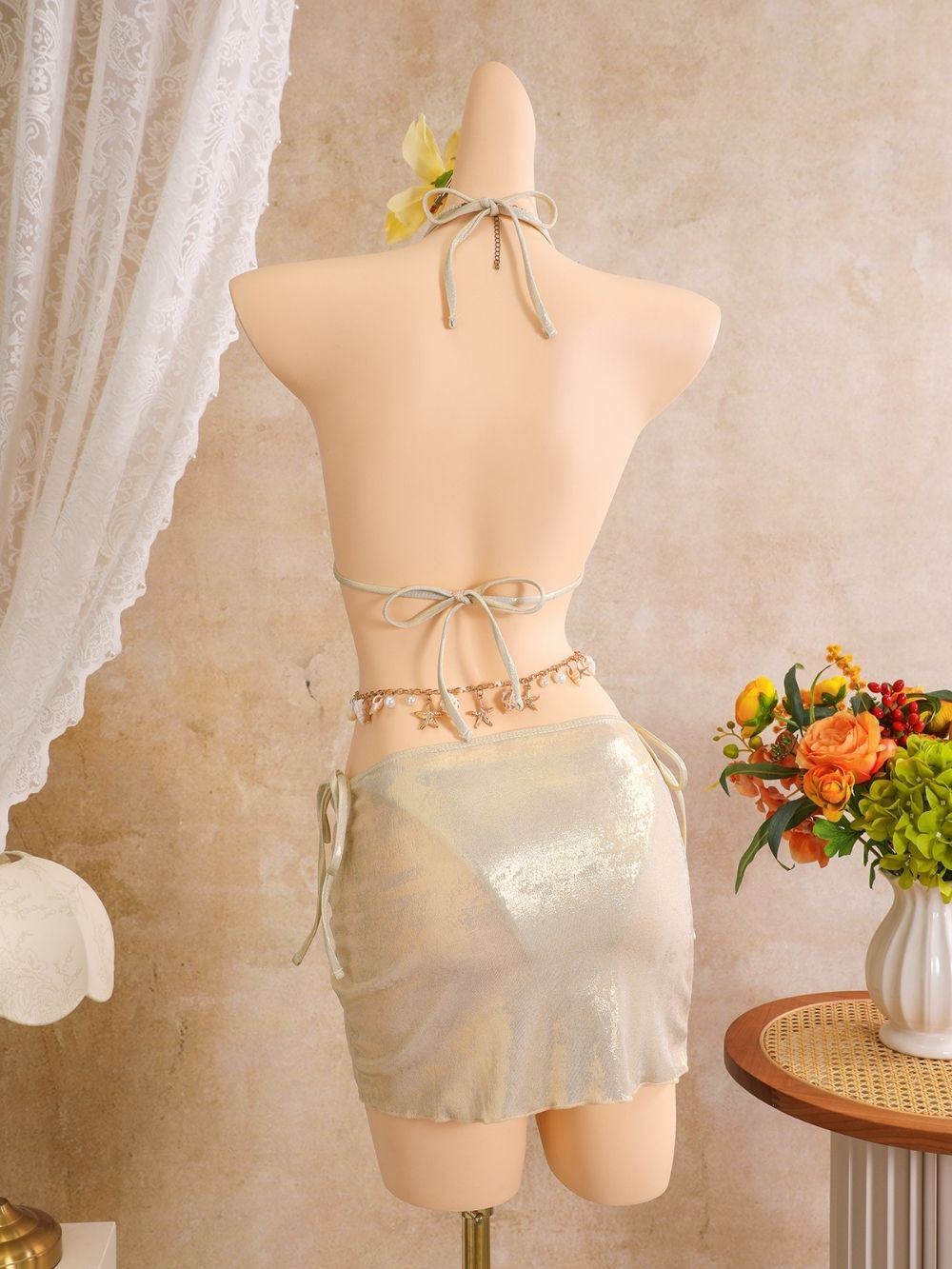 Ambric Apricot Flower Three-Piece Swimsuit