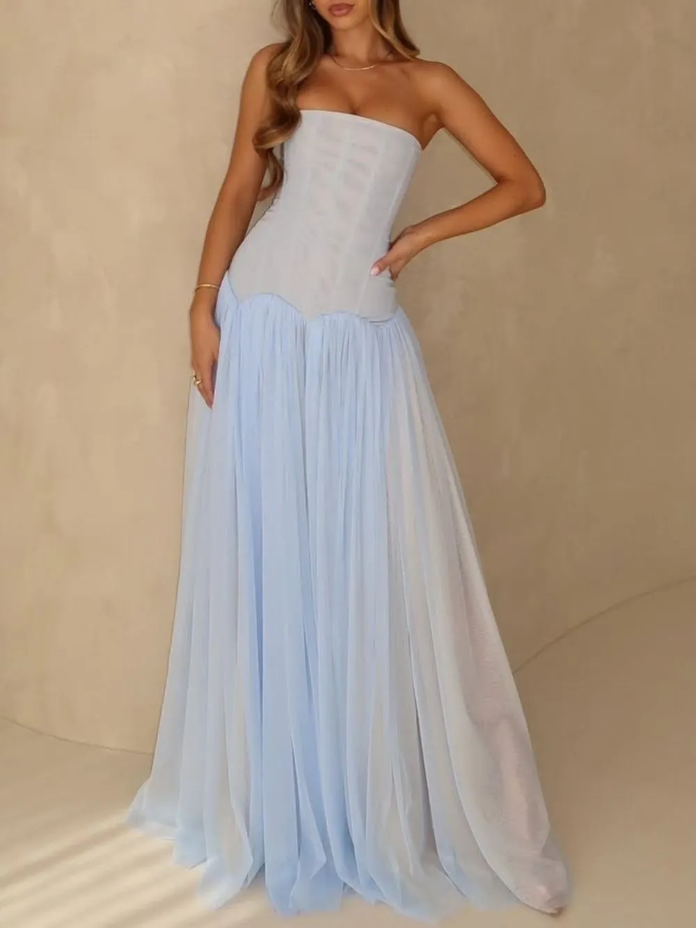 Fashionslee Women Madilyn Blue Strapless Corset Mesh Maxi Dress