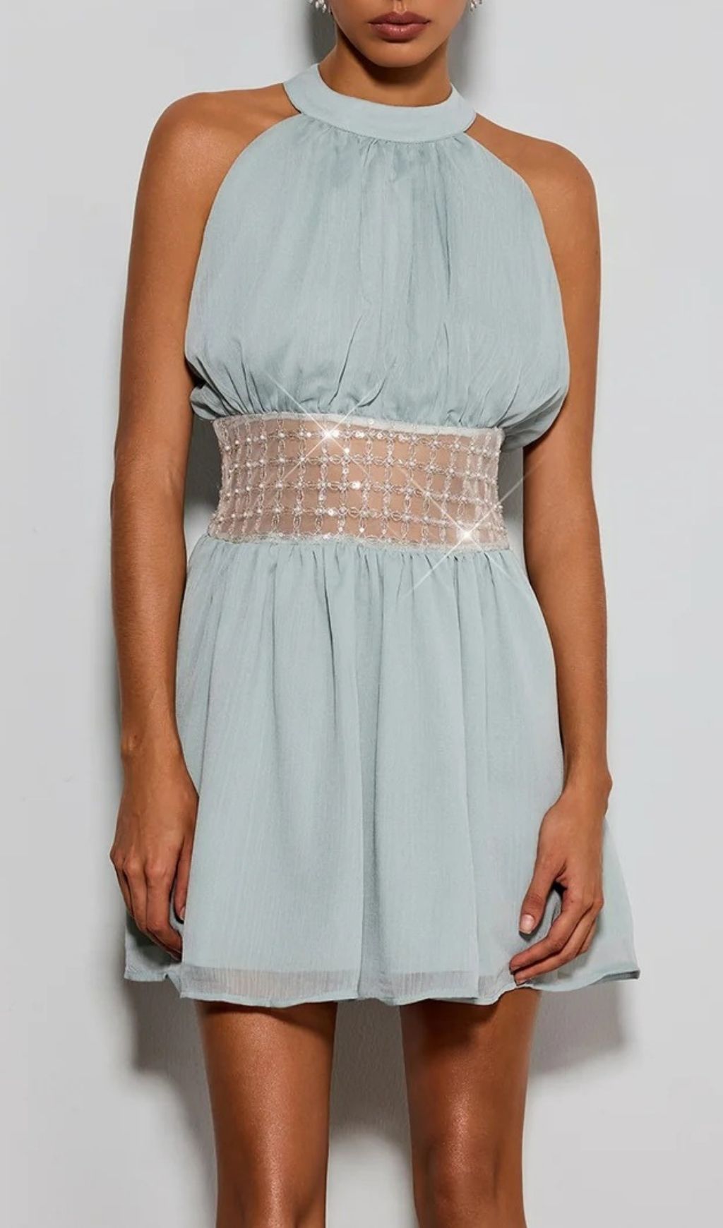 db6e3f4e95c25bc9d28de089e6a2d2b8 Devri Halterneck Sequin Pearl Mini Dress